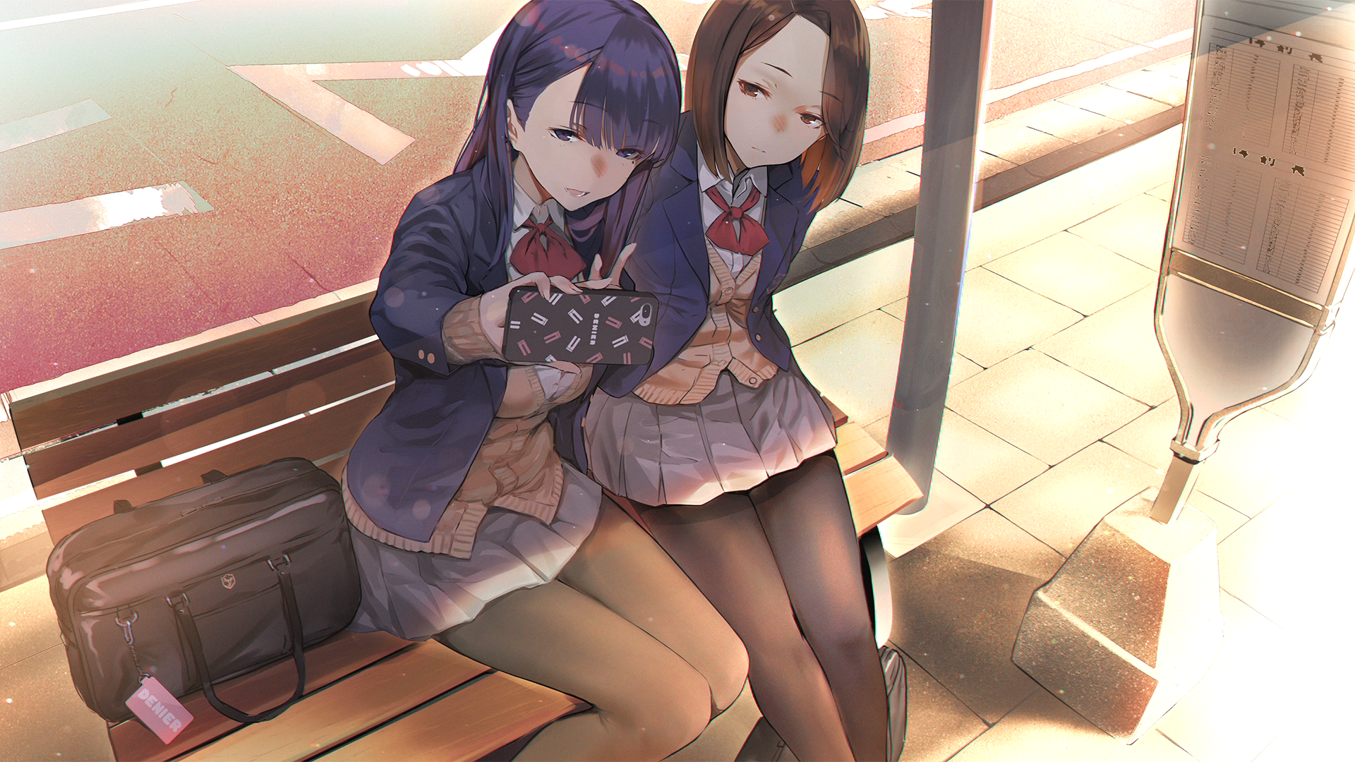 Miru Tights Anime Anime Girls Schoolgirl School Uniform Dark Hair Brunette Blushing Selfies Cellphon 1920x1080