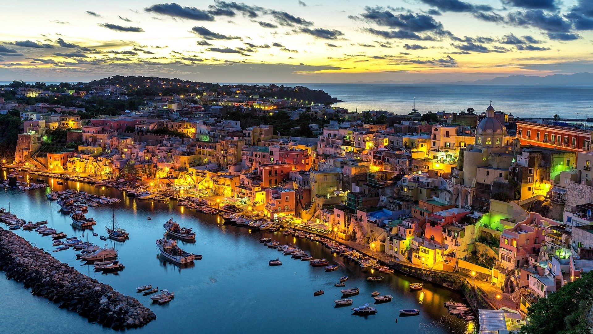 Naples Campania Procida Italy Lights Bay Landscape Sea Sunset Island 1920x1080