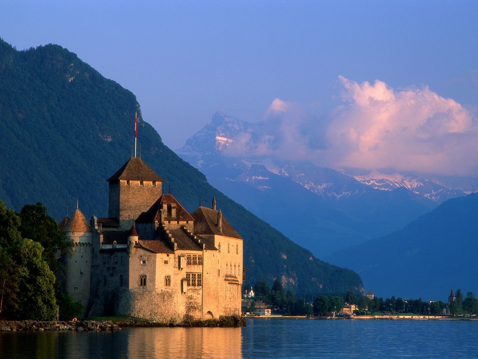 Castle Mountains Switzerland Nature Water Chillon Castle 1600x1200