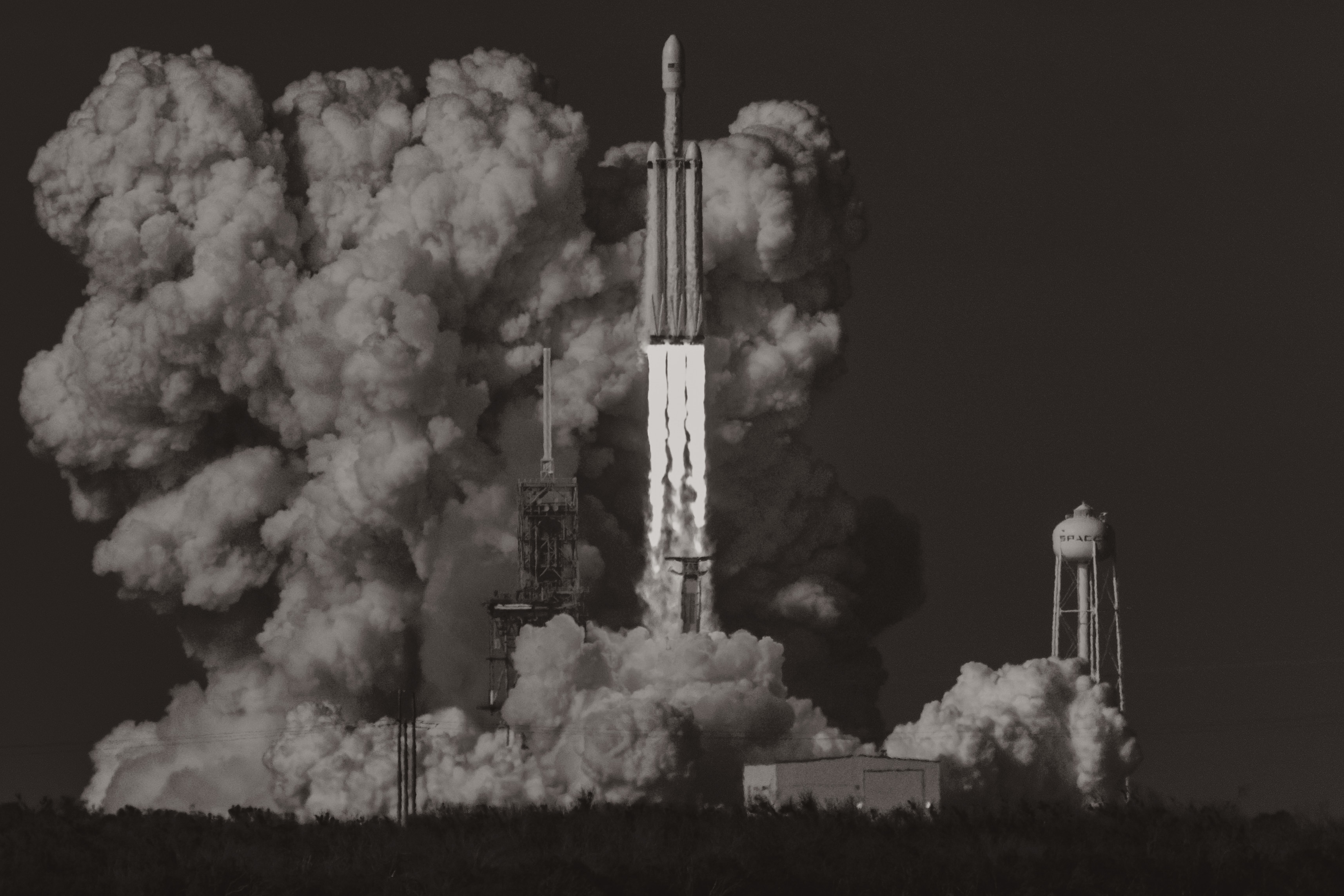 Launch Monochrome Artwork Rocket SpaceX Falcon Heavy Elon Musk 3428x2285
