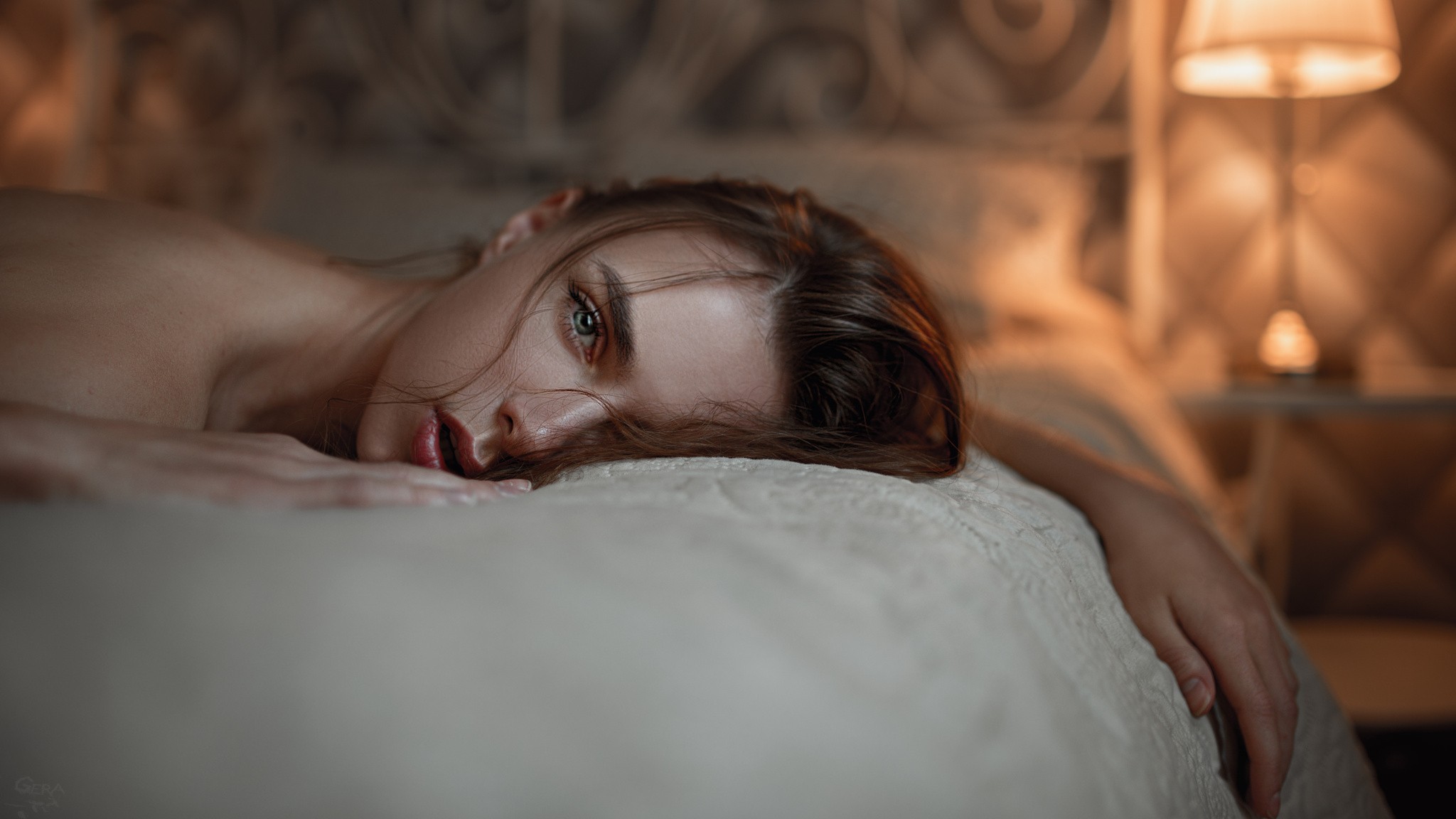 Women Brunette Blue Eyes In Bed Portrait Open Mouth Bare Shoulders Face Emotional Face In Bed Women  2048x1152