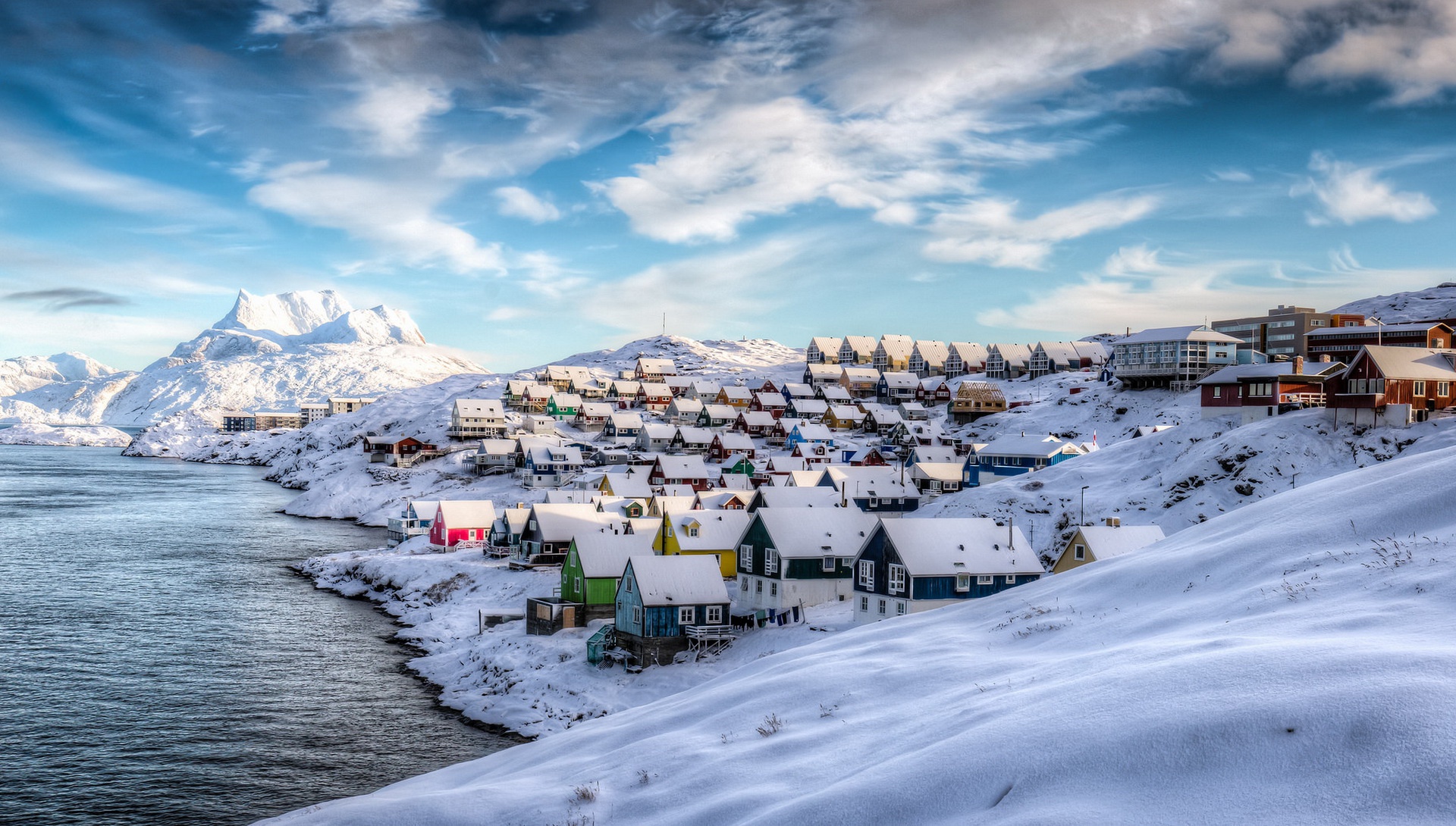 Greenland Winter Blue Sky Snow Colorful House Cyan Sunlight Lake Clouds Hills 1920x1090