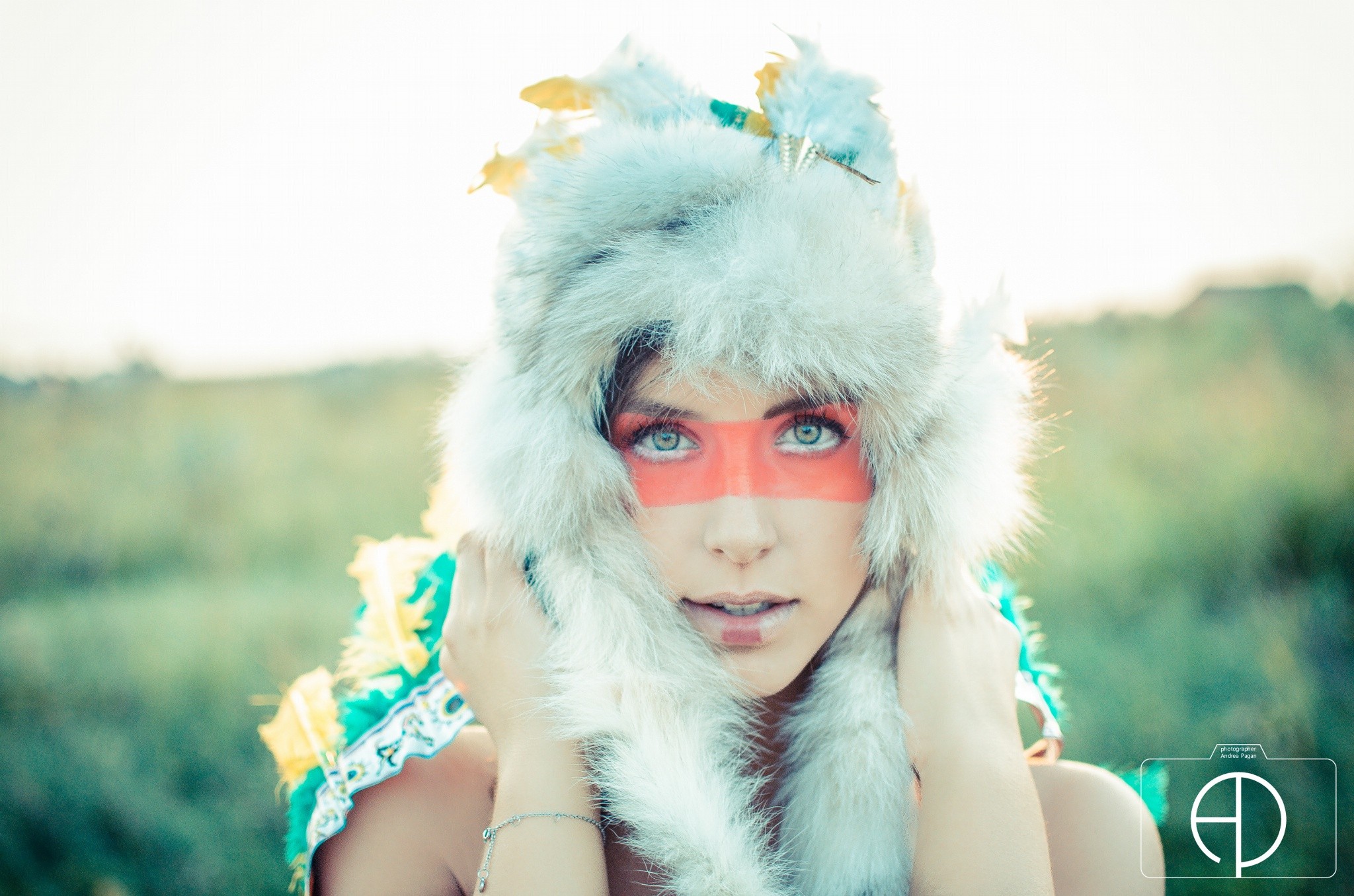Women Fluffy Hat Face Paint Looking At Viewer Green Eyes 2048x1356
