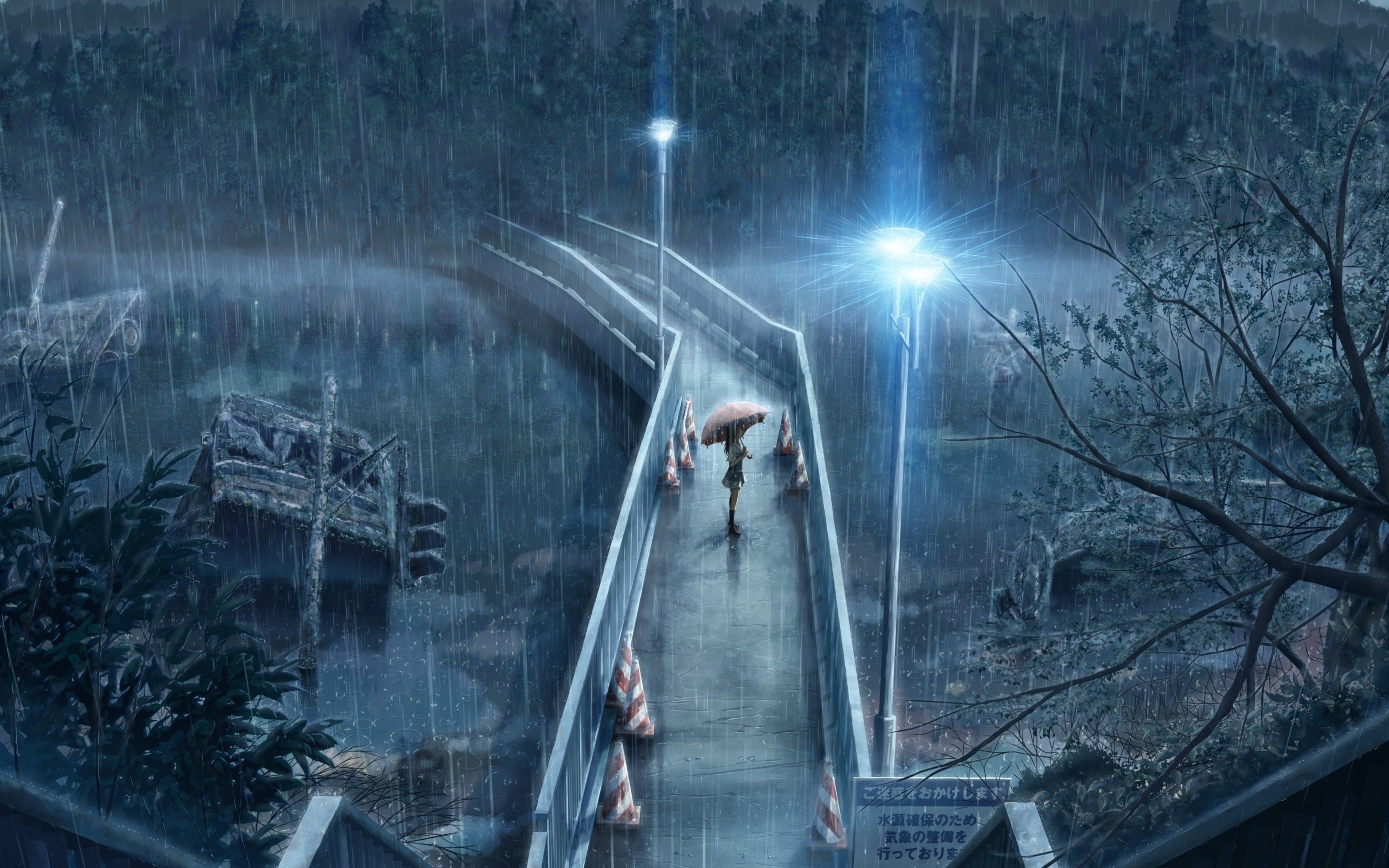 Artwork Rain Bridge Umbrella Night Anime Girls Anime High Angle Street Light Stairs Traffic Cone 5120x3200