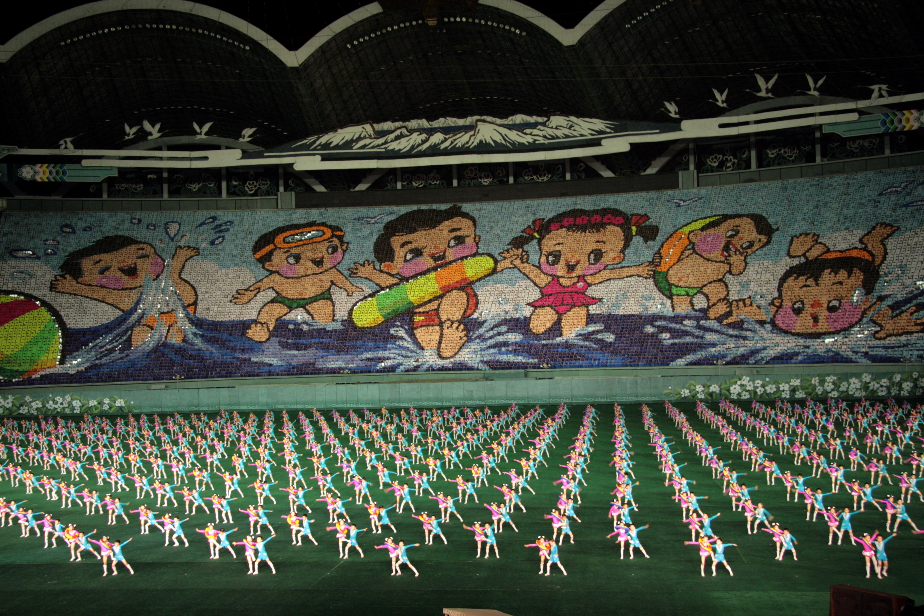Gymnastics People Stadium Pyongyang North Korea Crowds Propaganda Exercising 3504x2336