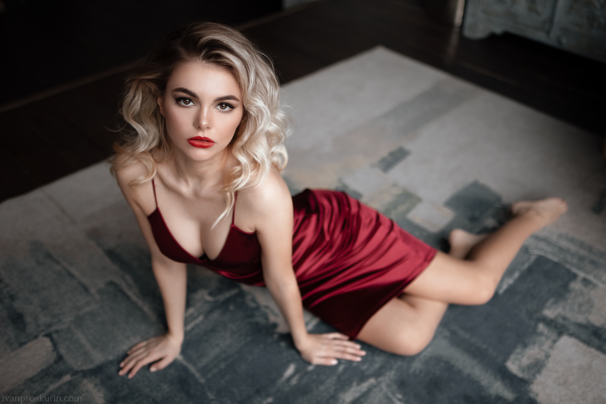 Ivan Proskurin Dress Blonde Legs Red Lipstick Women Model Oktyabrina Maximova Red Dress Bare Shoulde 2048x1365