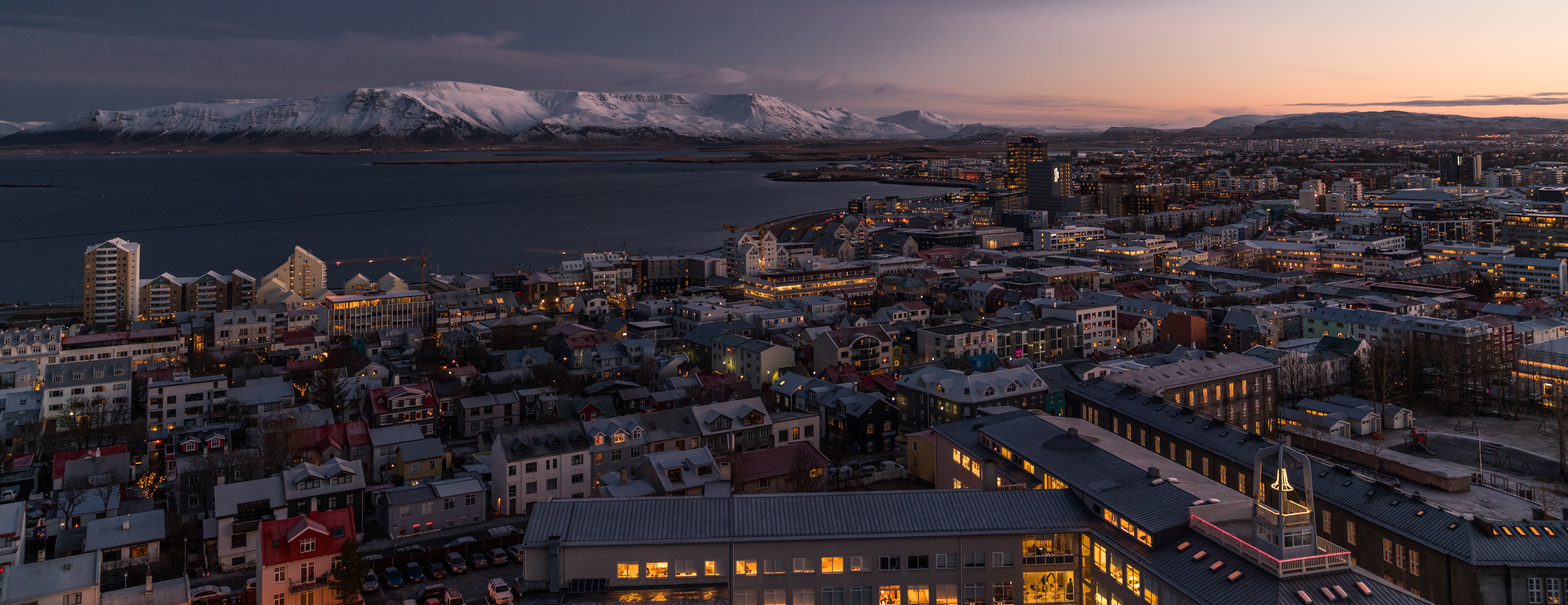 City Sunset Mountains Snow Multiple Display City Lights Reykjavik 5964x2304