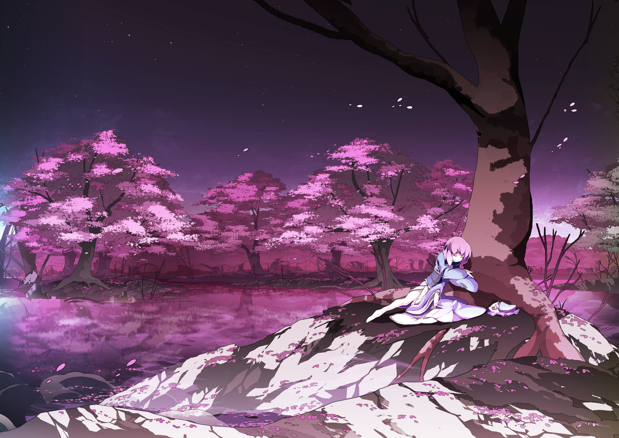 Asakura Masatoki Touhou Anime Girls Saigyouji Yuyuko Nature Trees Sleeping Dress Hat Pink Hair Lake  2024x1433