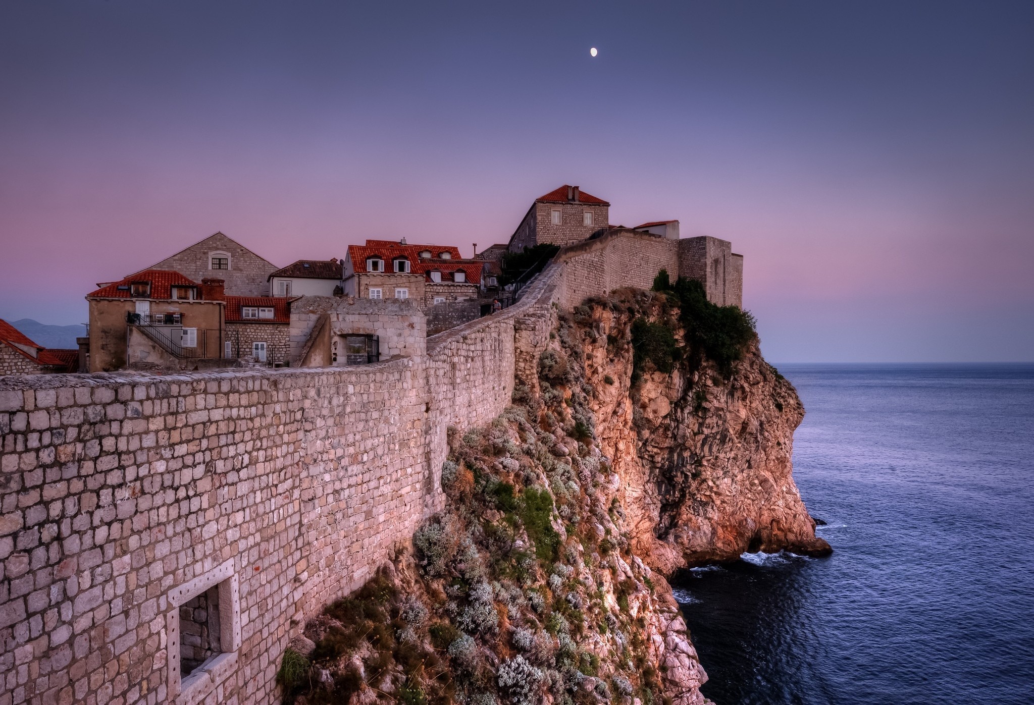 Architecture House Town Old Old Building Dubrovnik Evening Croatia Stone House Wall Sea Moon Horizon 2048x1397