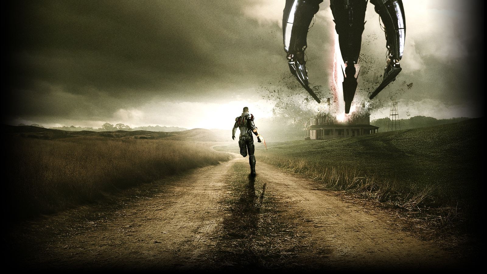 Warrior Chaos Mass Effect Road Grass Aliens Spaceship Sky Mass Effect Video Games Crossover 1600x900