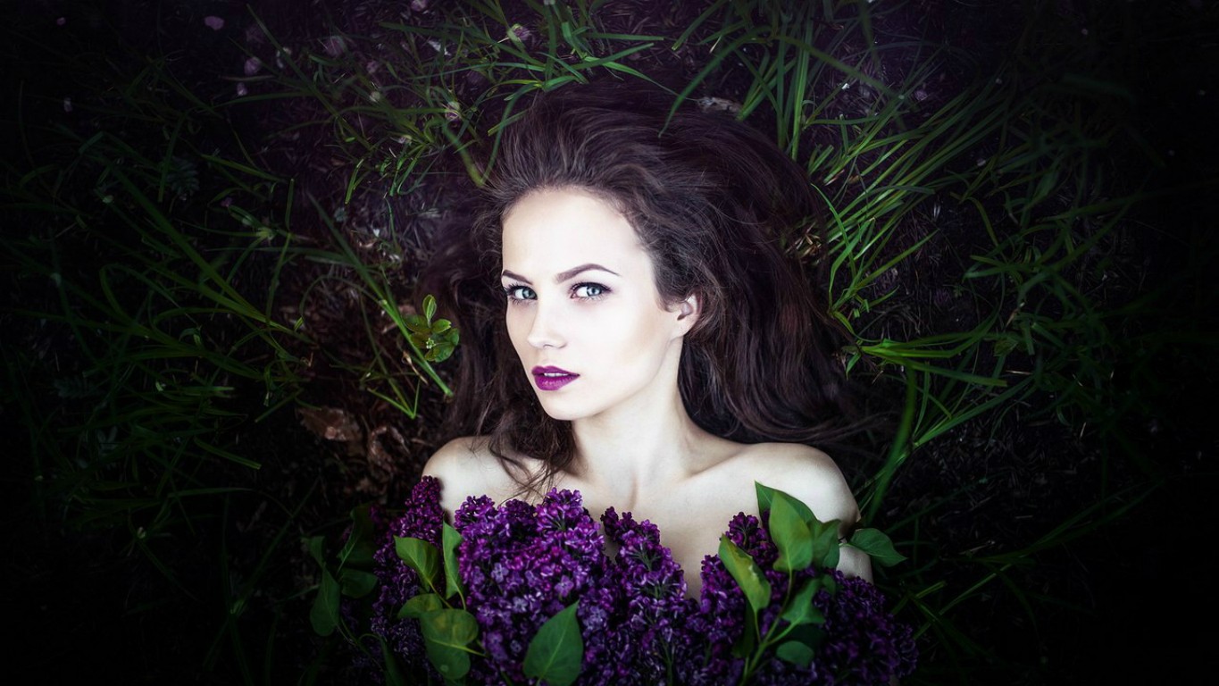 Women Brunette Face Lilac Grass Nature Women Outdoors Ksenia Malinina Green Eyes Model Sergey Piltni 1365x768