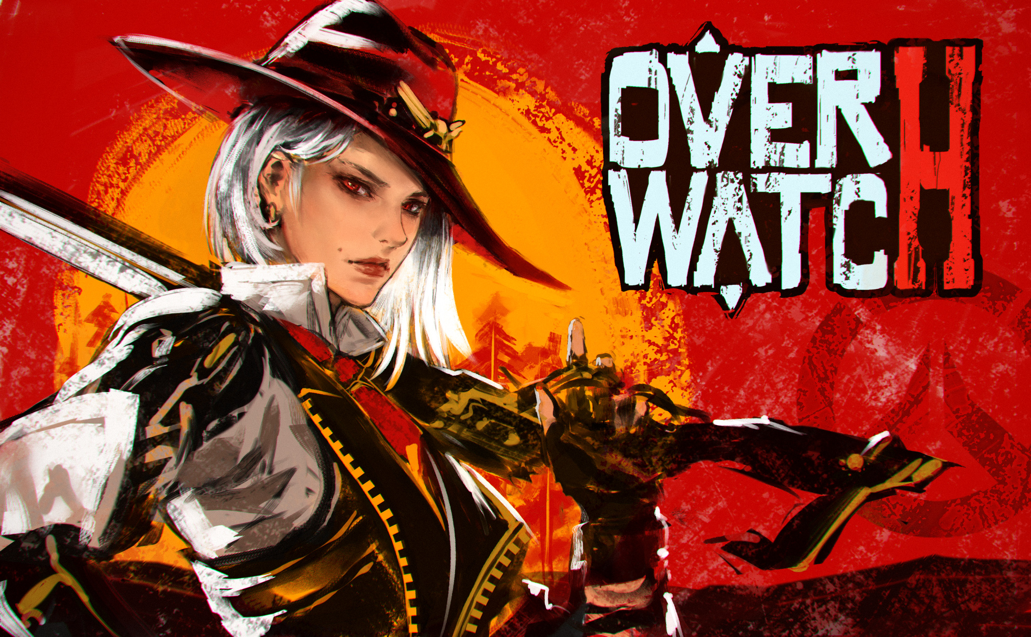 Ashe Overwatch Overwatch Women White Hair Red Eyes Looking At Viewer Cowgirl Western Rifles Weapon W 2023x1250