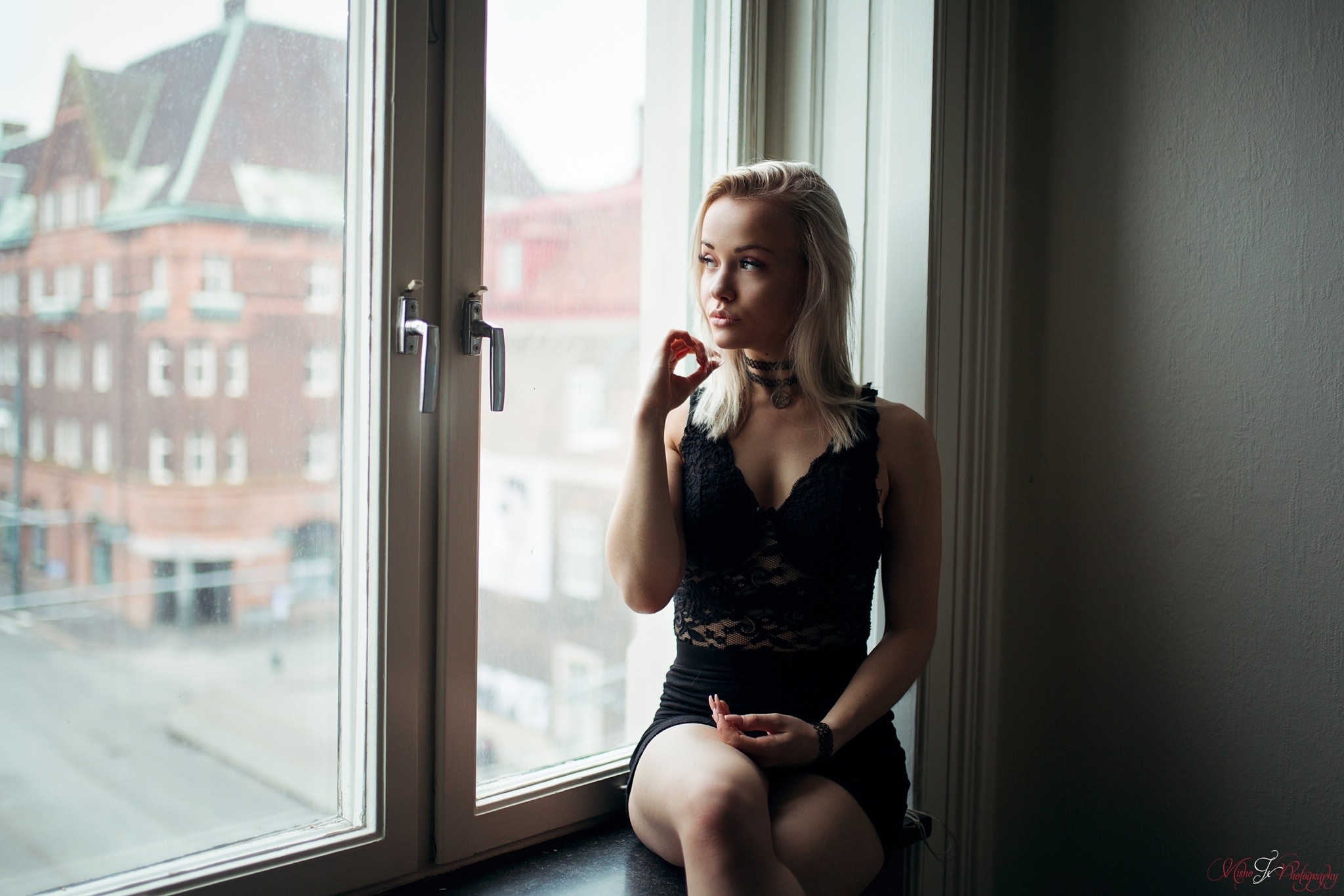 Alicja Sedzielewska Women Blonde Window Sill Portrait Sitting Black Dress Choker Looking Away Lookin 2048x1365
