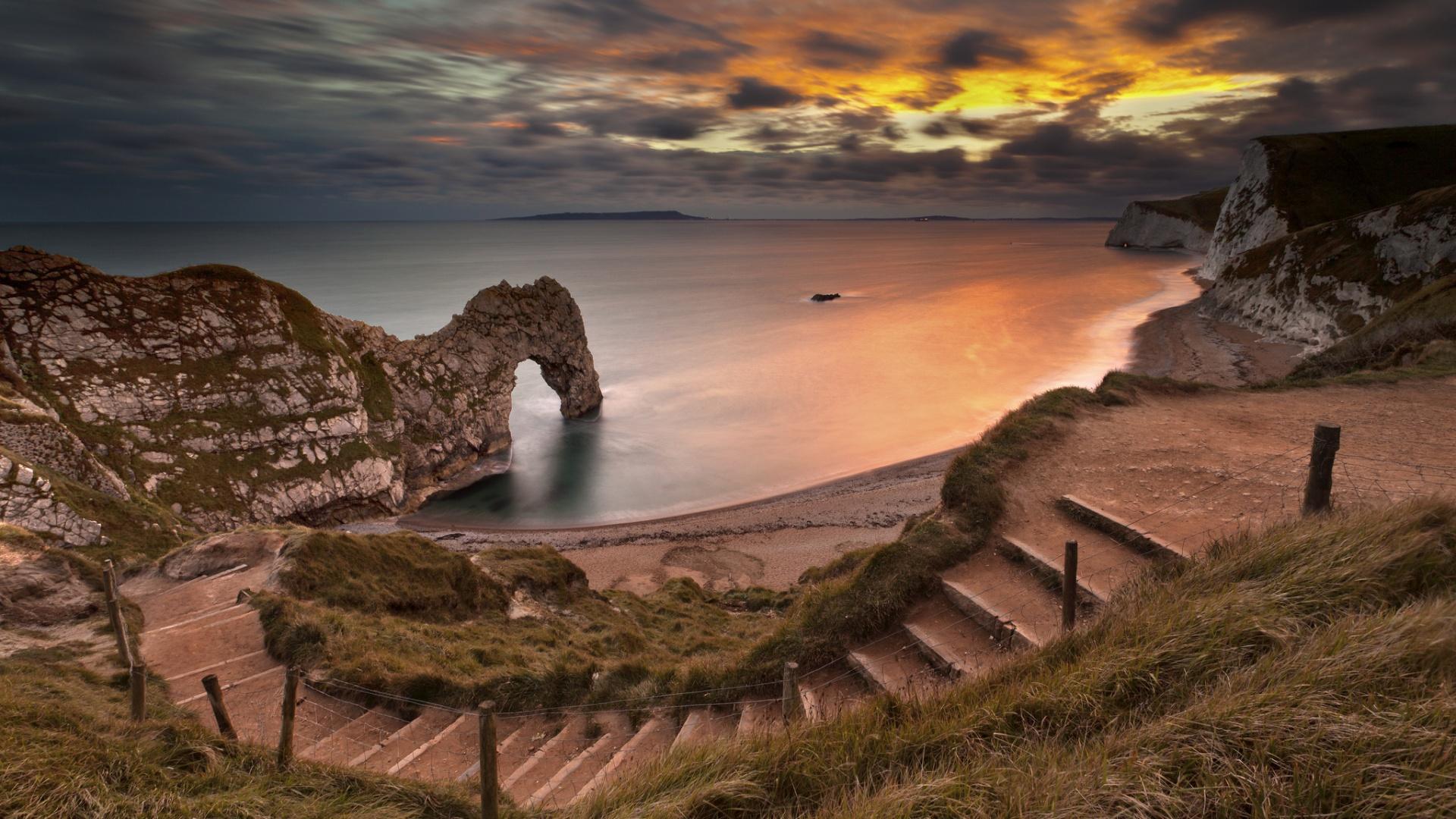 Earth Nature Coast Coastline Steps Arch Beach Sunset Rock Ocean Durdle Door Limestone Dorset England 1920x1080
