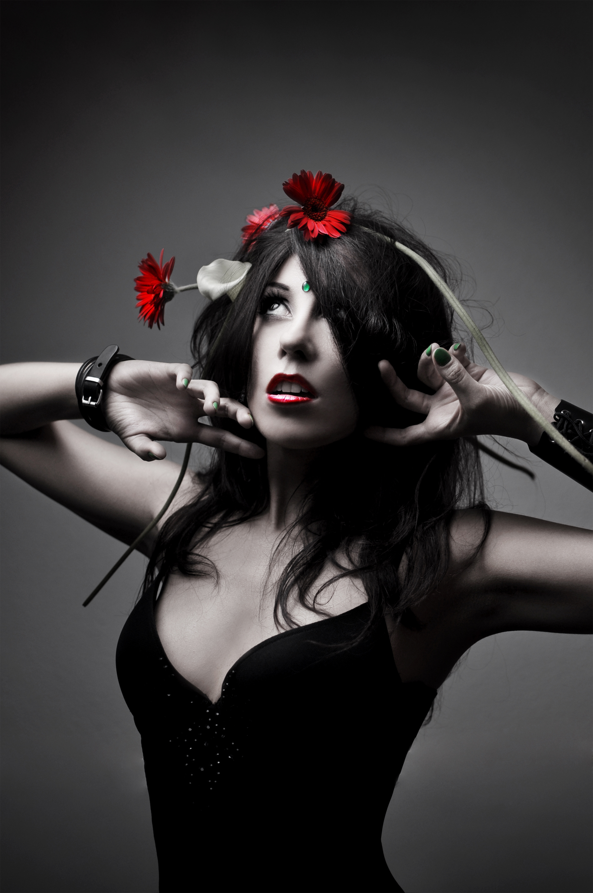 Women Singer Jinxy Brunette Long Hair Dark Hair Flowers Red Lipstick Simple Background Gradient Goth 2000x3011