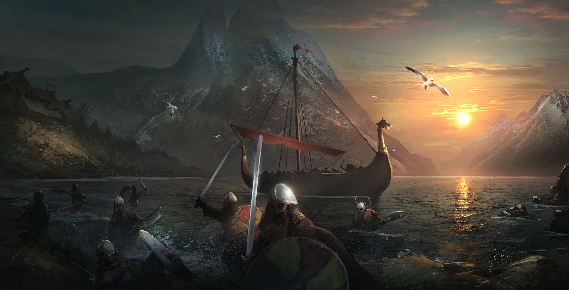 Digital Art Sailing Ship Sergey Zabelin Vikings Mountains Sea Birds Battle Sword Sunrise Snowy Peak 1920x979