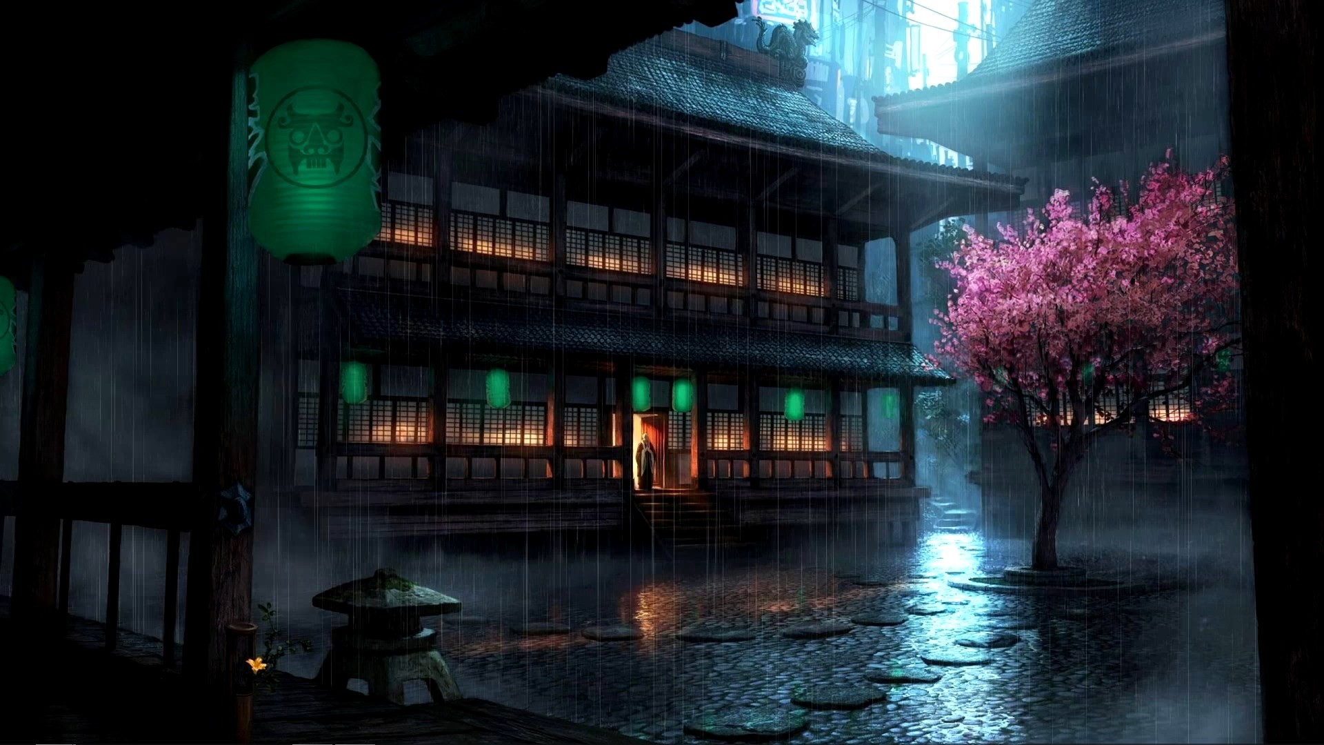 Asian Architecture Cherry Blossom Paper Lantern Rain The Secret World Video Games 1920x1080