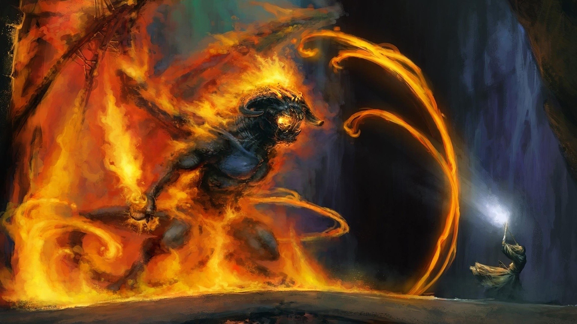 Digital Art Fantasy Art Devils Death Balrog The Lord Of The Rings Fire Gandalf Wings 1920x1080