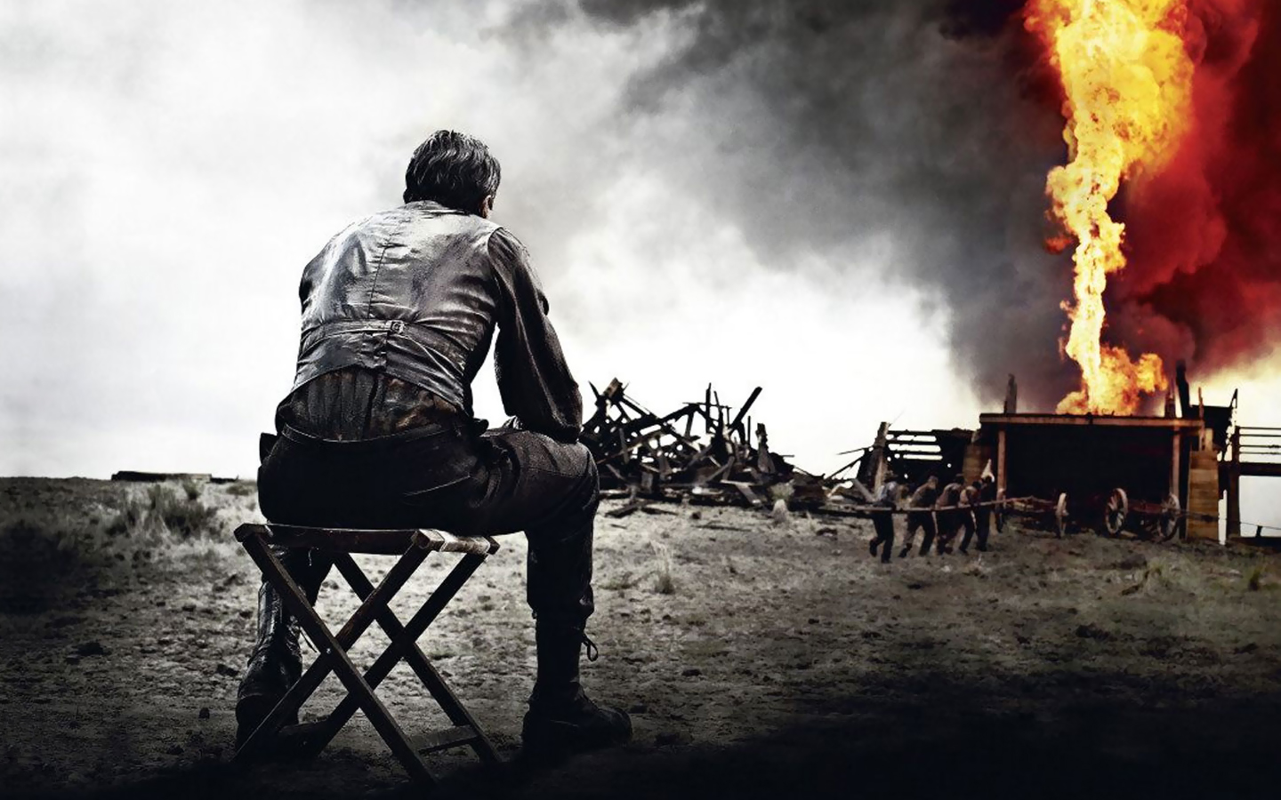 Movies There Will Be Blood Daniel Day Lewis Fire Burning Men Sitting Chair 2007 Year 1440x900