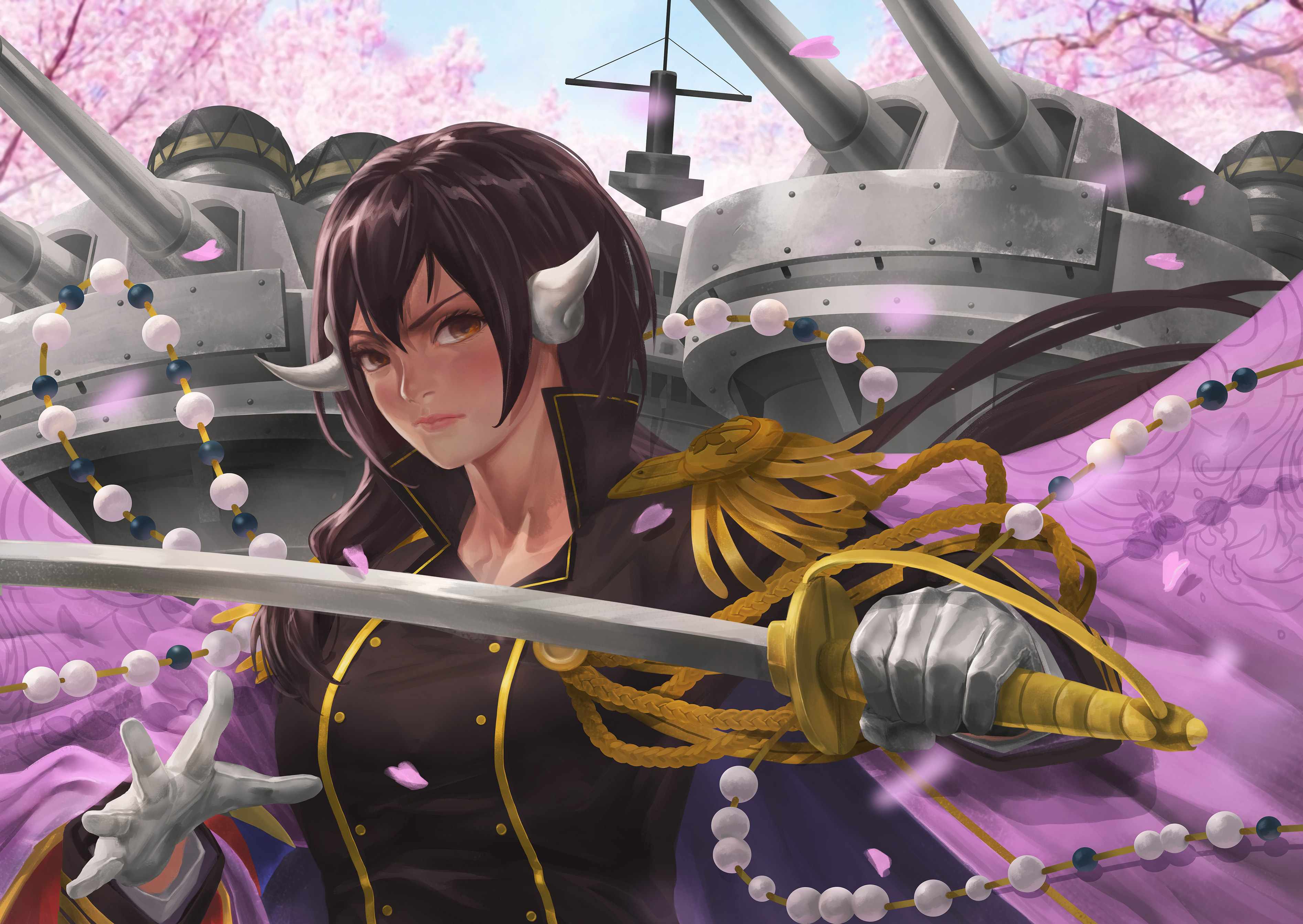 Mikasa Azur Lane Azur Lane Video Games Women Brunette Uniform Gloves Sword Cannons Fantasy Art Fan A 3787x2686