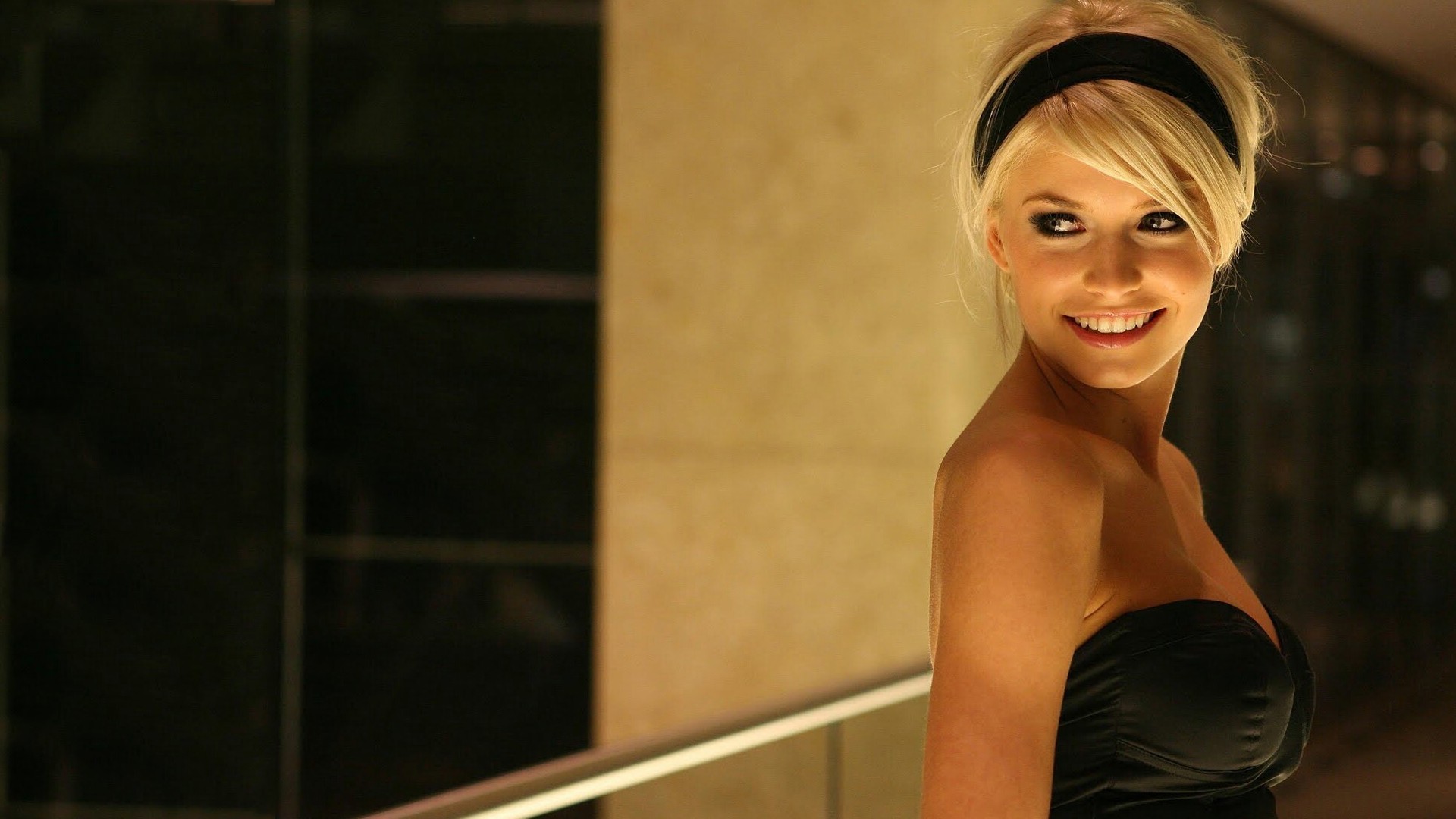 Lena Gercke Hair Band Face Smiling Looking Away Black Clothing Bare Shoulders 1920x1080