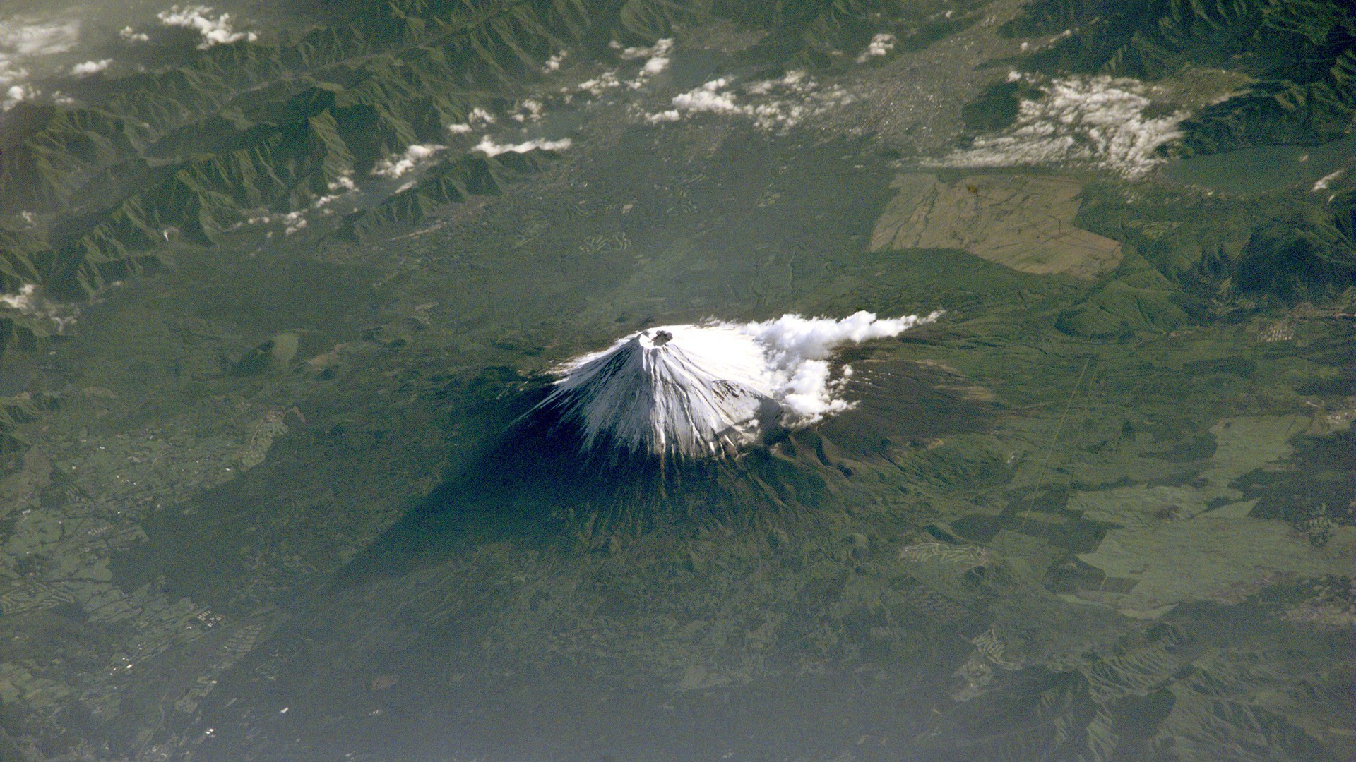 Nature Landscape Aerial View Mount Fuji Japan Mountains Volcano Snowy Peak Clouds Shadow Internation 1920x1080