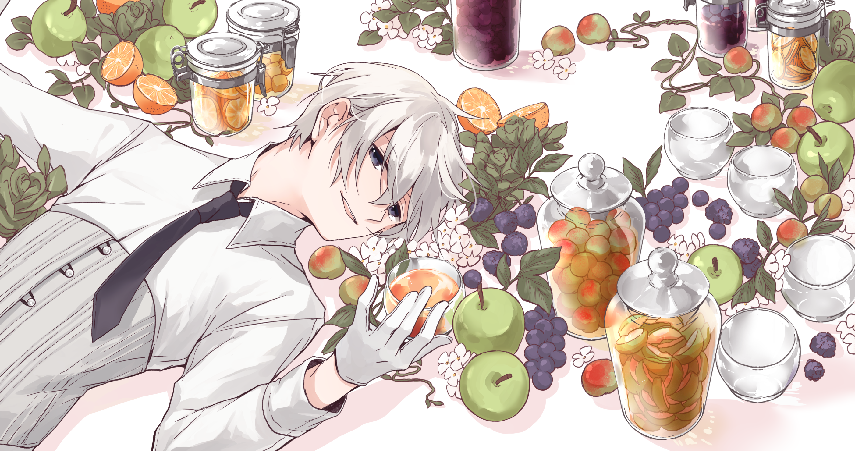 Jars Fruit White Flowers Gloves Tie White Gloves Fair Skin Male Anime White Hair 2806x1480