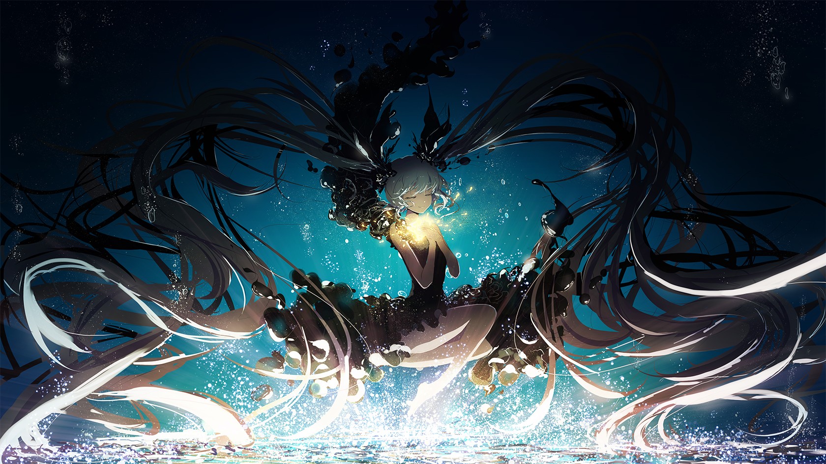 Aqua Hair Barefoot Gen Barefoot Bubbles Deep Sea Black Dress Hatsune Miku Long Hair Twintails Underw 1680x945