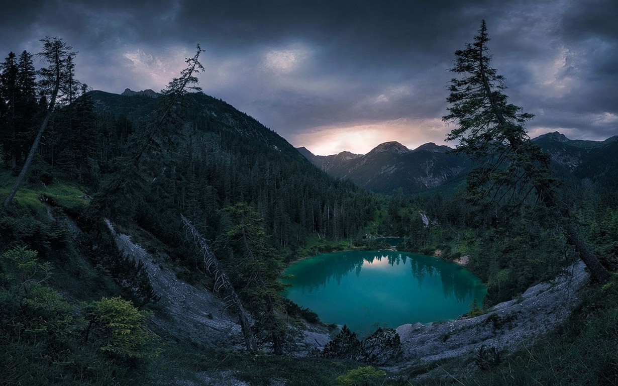 Nature Landscape Lake Mountains Forest Clouds Sunset Crater Lake Tyrol Austria Trees Turquoise Water 1230x768