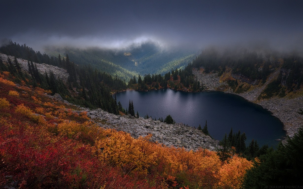 Landscape Nature Fall Colorful Mountains Lake Pine Trees Mist Dark Clouds Shrubs Forest Washington S 1230x768