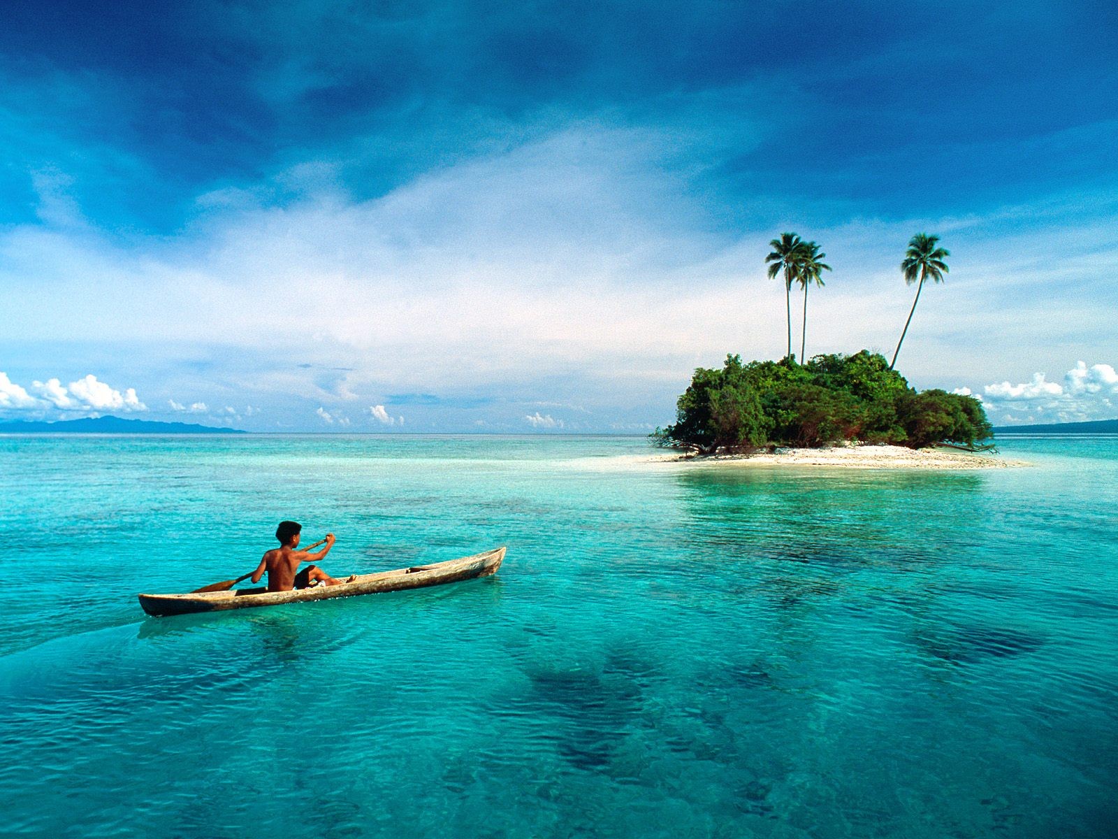 Coast Island Palm Trees Sea Sea Tropical Men Canoes 1600x1200