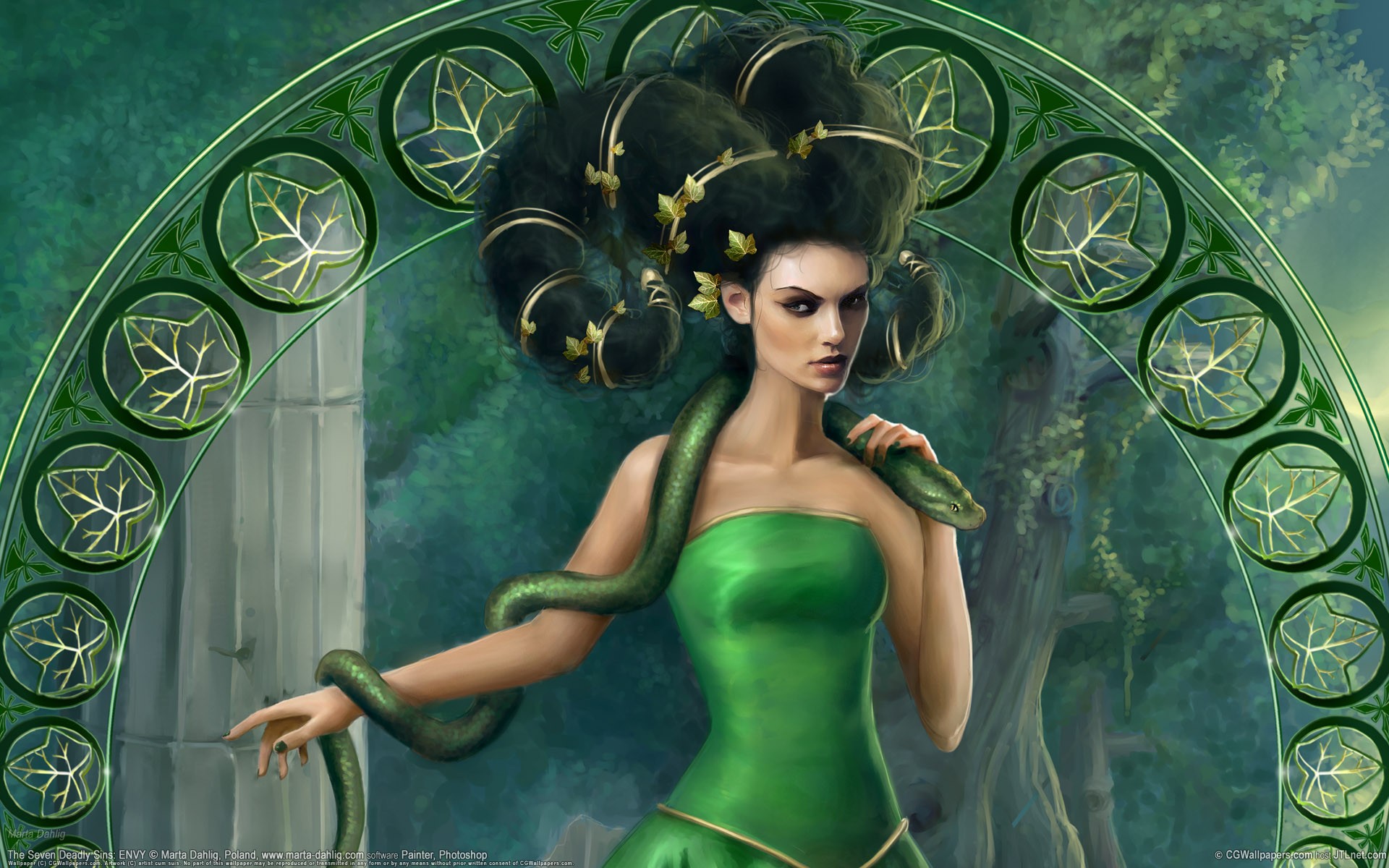 Artwork Drawing Green Dress Envy Green Snake 1920x1200
