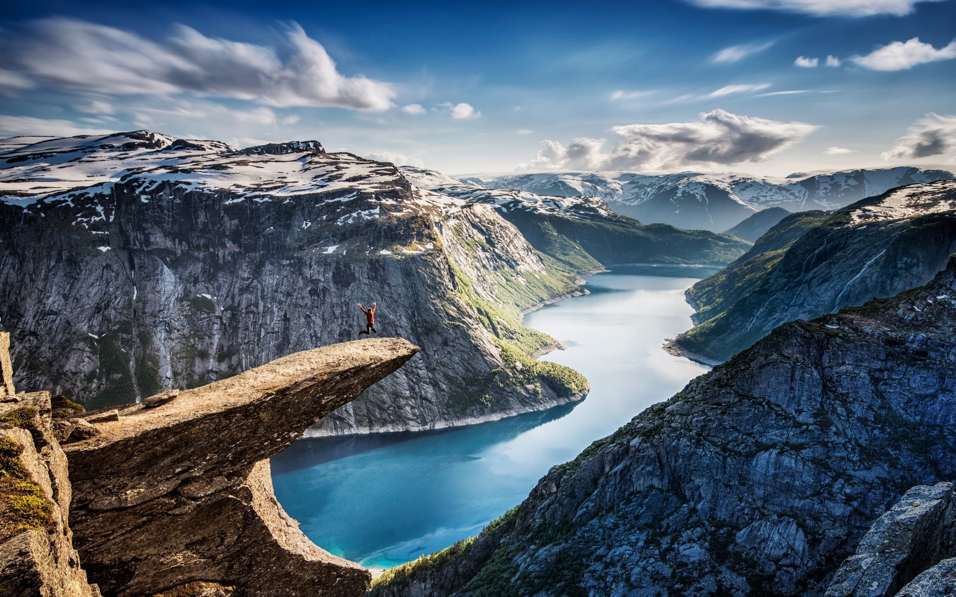 Nature Landscape Fjord Norway Canyon Cliff Snow Mountains Clouds Turquoise Water Jumping Morning Tro 1920x1200