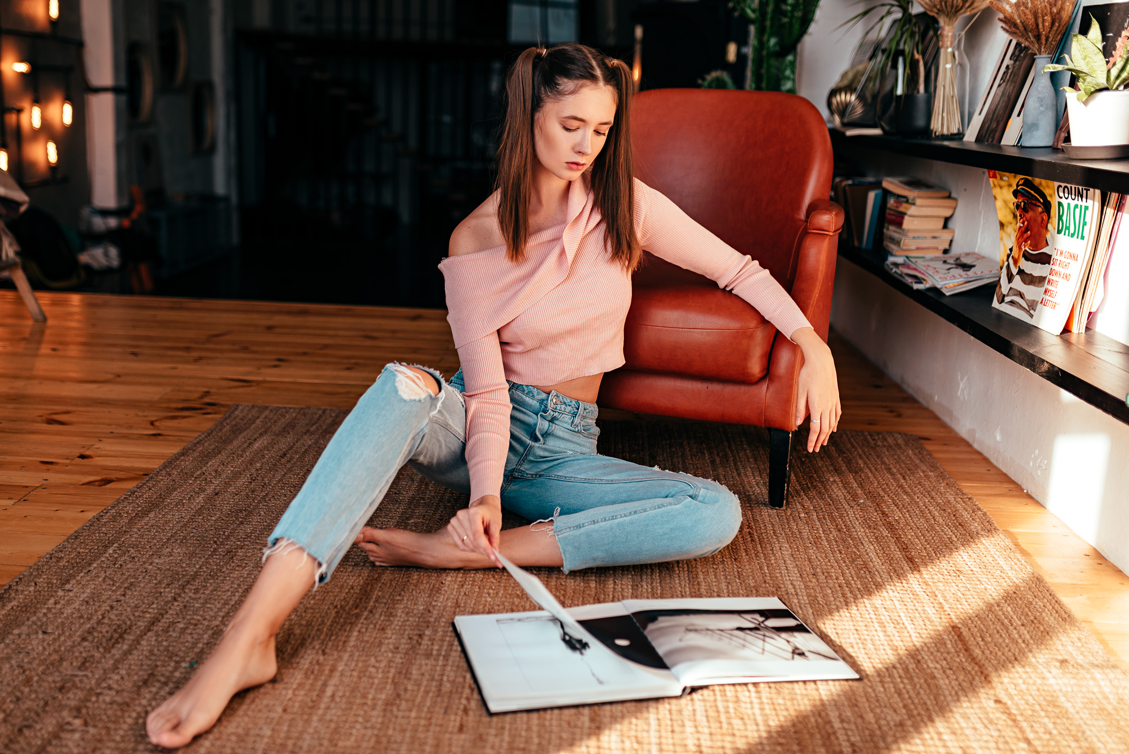 Women Model Brunette Pigtails Long Hair Portrait Indoors Bare Shoulders Crop Top Jeans Torn Jeans Ba 2247x1500