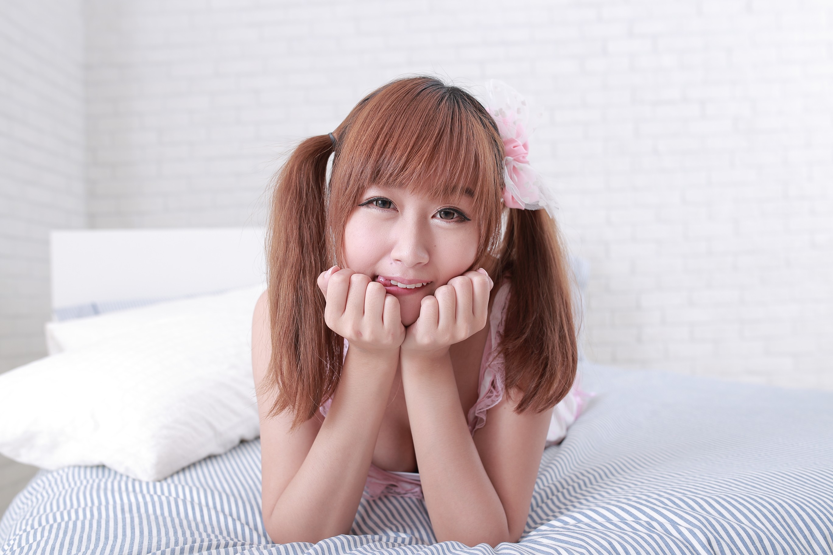 Redhead Auburn Hair In Bed Pigtails Twintails Knot Brown Eyes Licking Lips 2736x1824