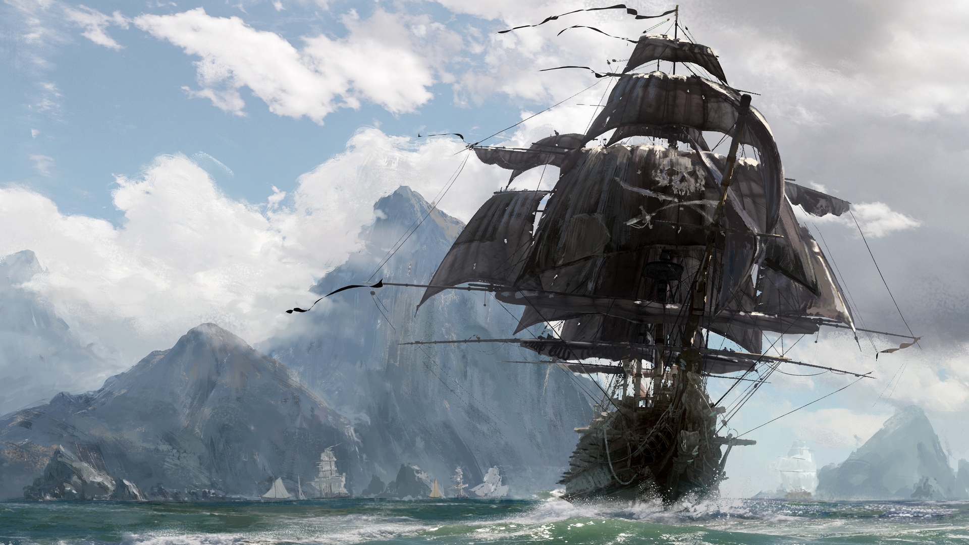 Video Games Skull Bones Sea Mountains Pirates Pirate Ship 1920x1080