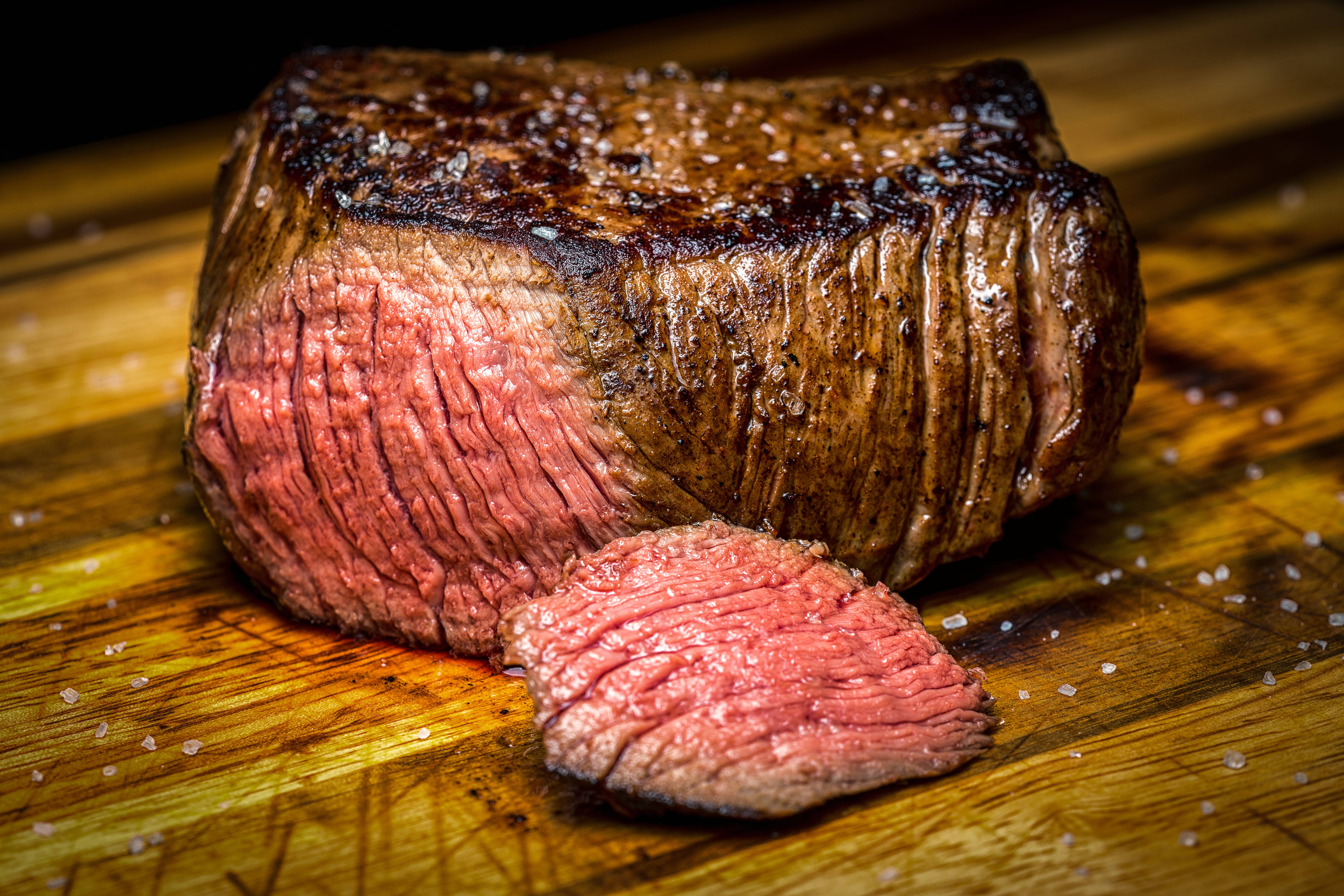 Meat Food Closeup Steak Depth Of Field Flesh Salt Wooden Surface Cutting Board 7952x5304