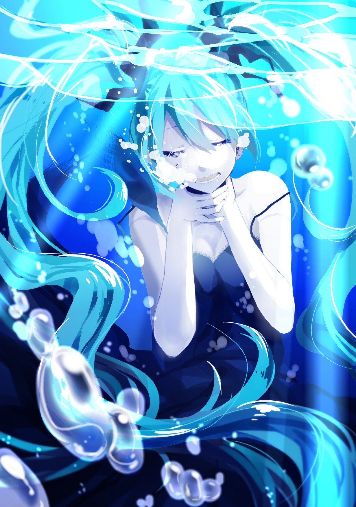 Vocaloid Hatsune Miku Long Hair Twintails Black Dress Ribbon Upset Tears Crying Underwater Anime Gir 1231x1749