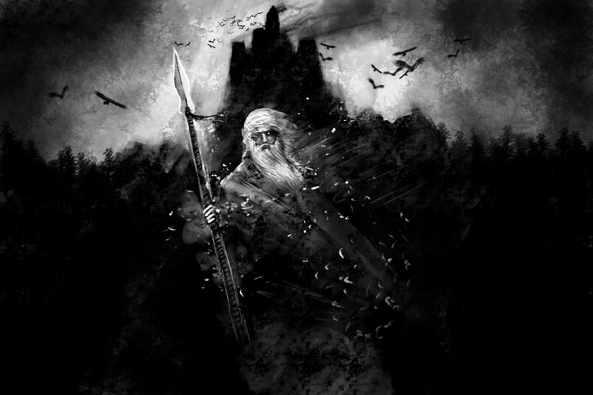 Painting Painting Vikings Odin Gungnir Raven 1943x1296