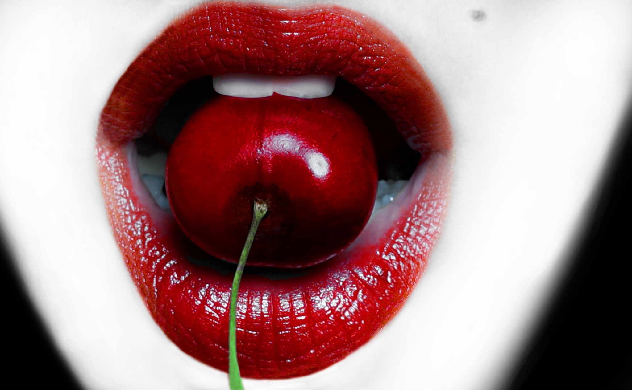 Fruit Mouth Women Lips Red Lipstick Open Mouth Cherries Food 2048x1266