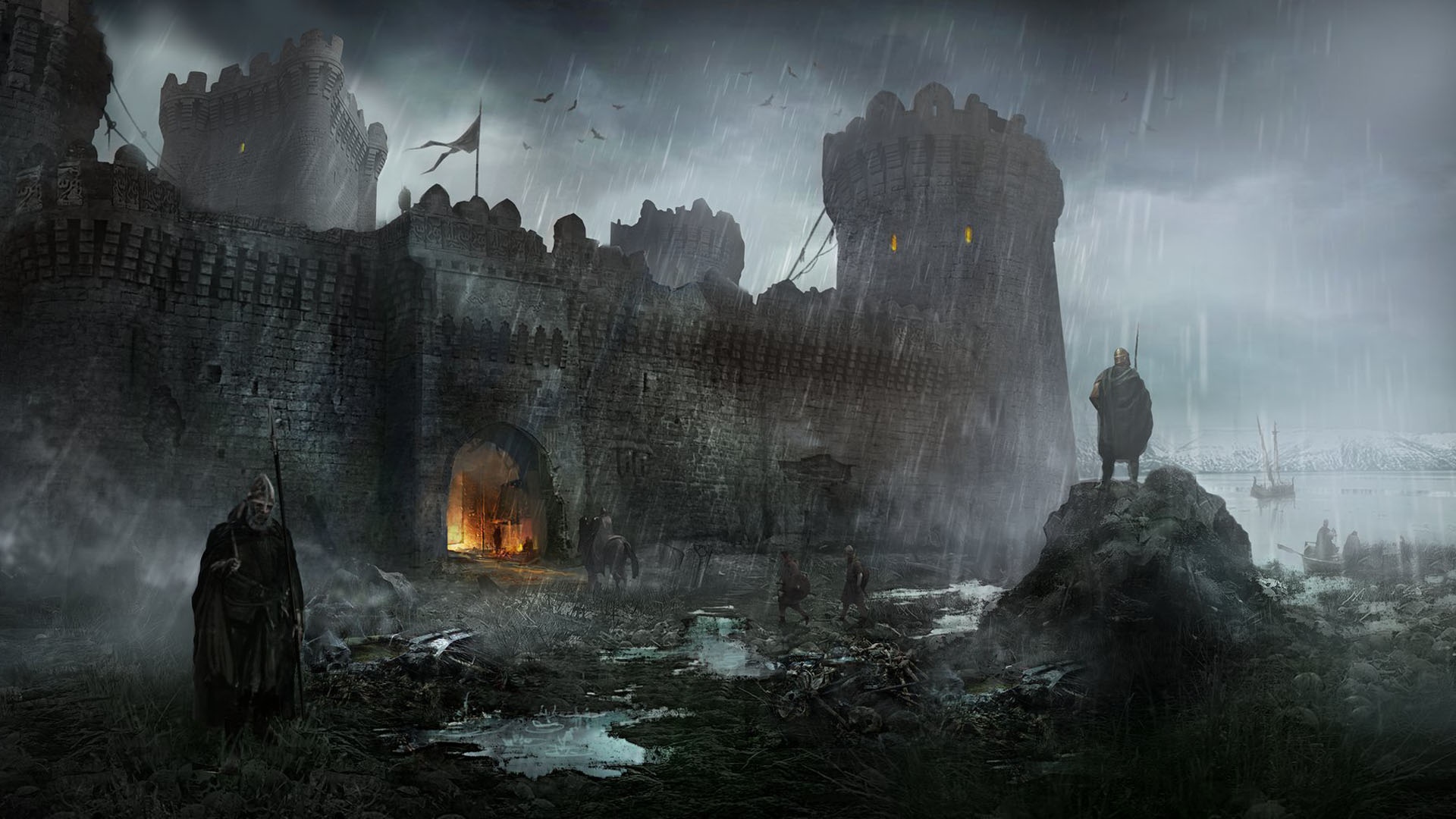 Castle Dark Fantasy Art Rain Artwork Guards 1920x1080