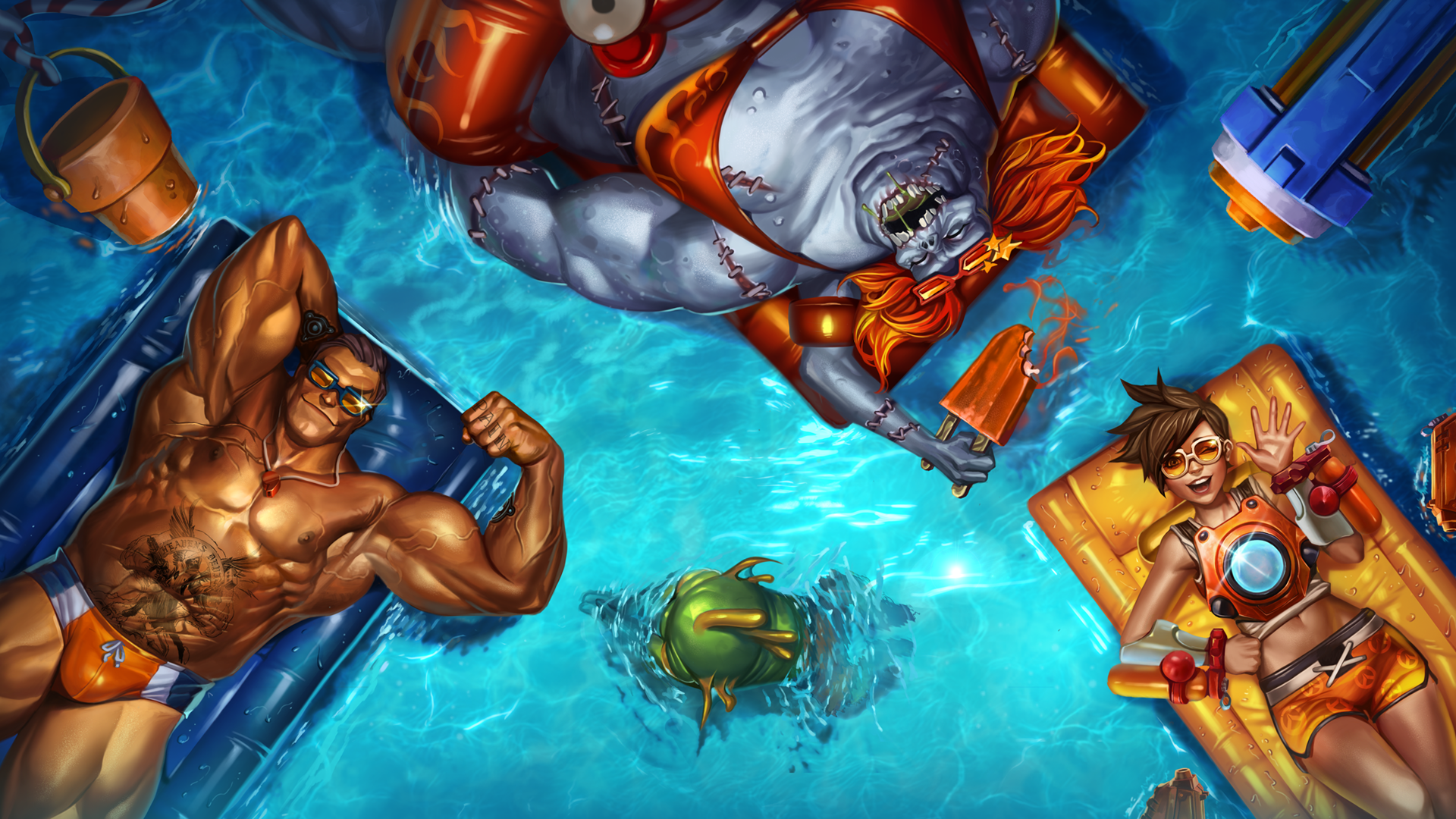 Video Games Tracer Overwatch Swimming Pool Muscles Tychus Findlay Stitches Murky Artwork Digital Art 1920x1080