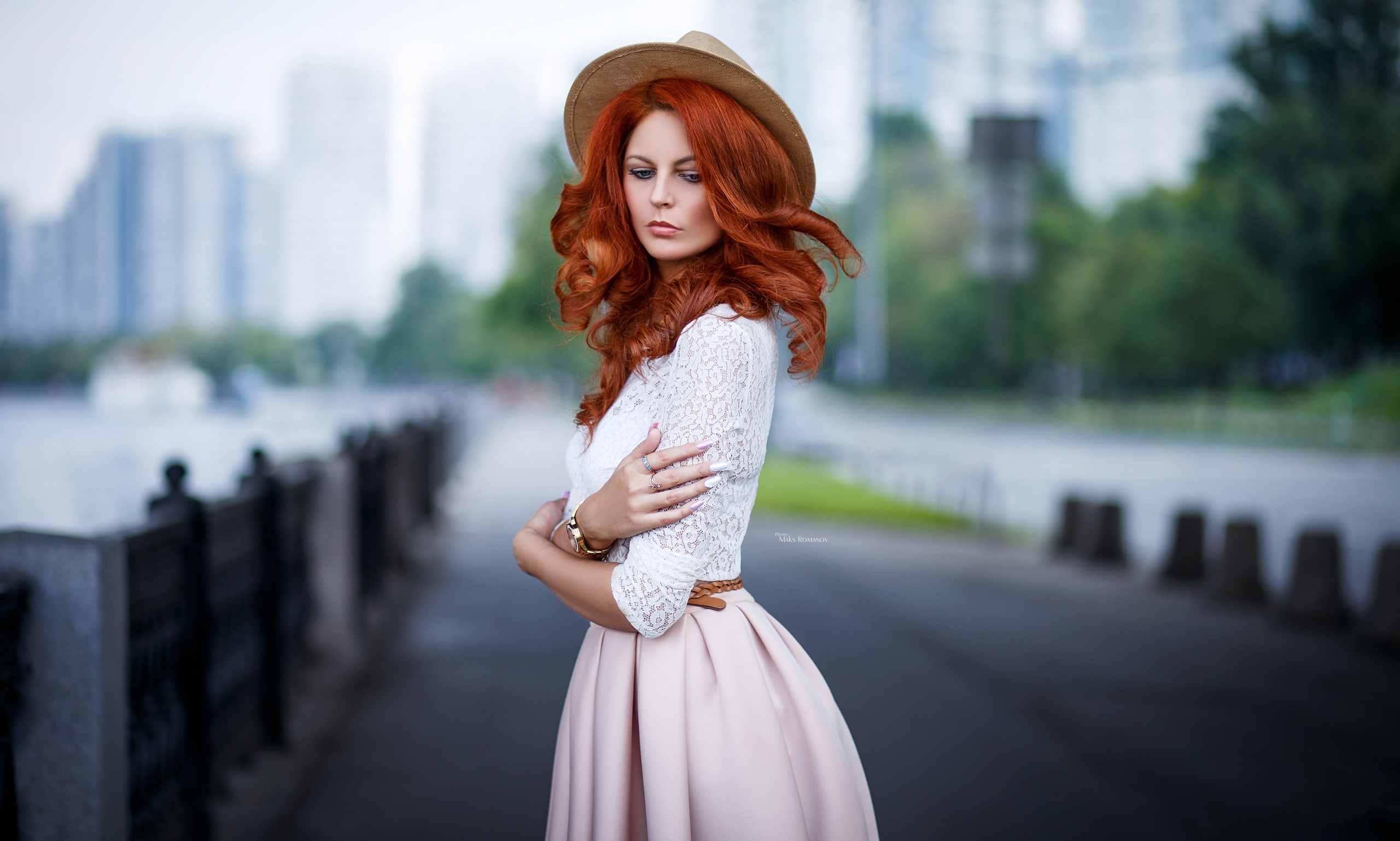 Women Redhead Maksim Romanov Portrait Women Outdoors Hat Arms Crossed Long Hair White Tops Lace Top  2560x1537