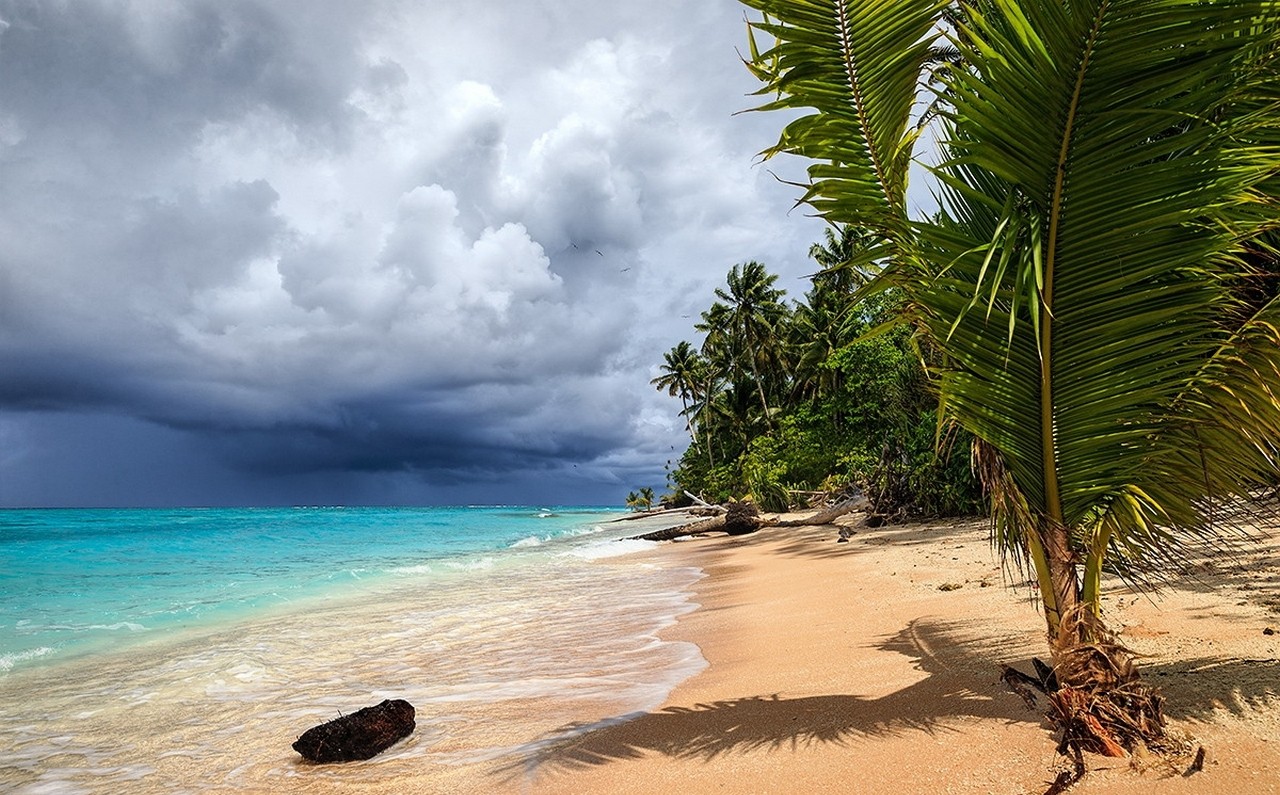 Storm Tropical Beach Sea Sand Palm Trees Atolls Clouds Nature Landscape 1280x795