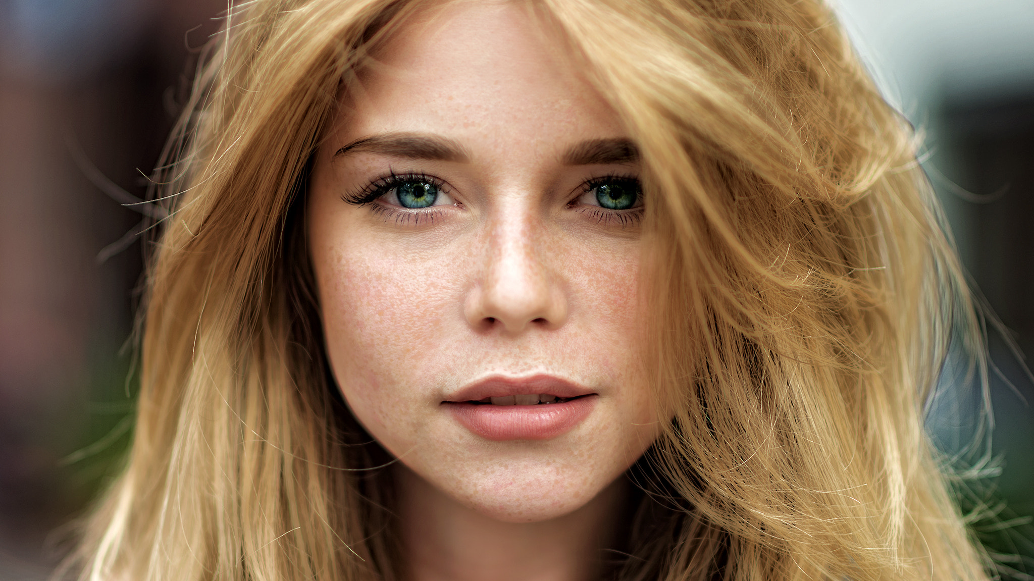 Women Face Portrait Blonde Green Eyes Freckles Closeup Yvonne Michel Lookin...