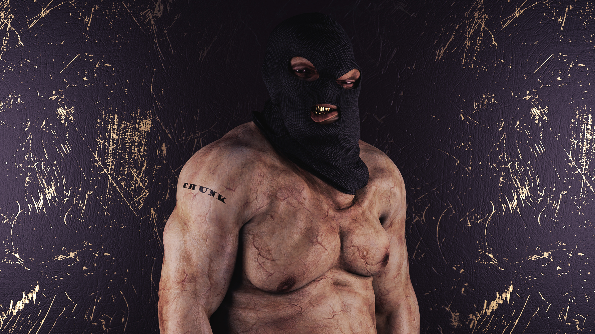 Men The Goonies Sloth Goonies Masked Gold Teeth Tattoo Ski Mask Muscles Biceps Texture Scratches Gol 1920x1080