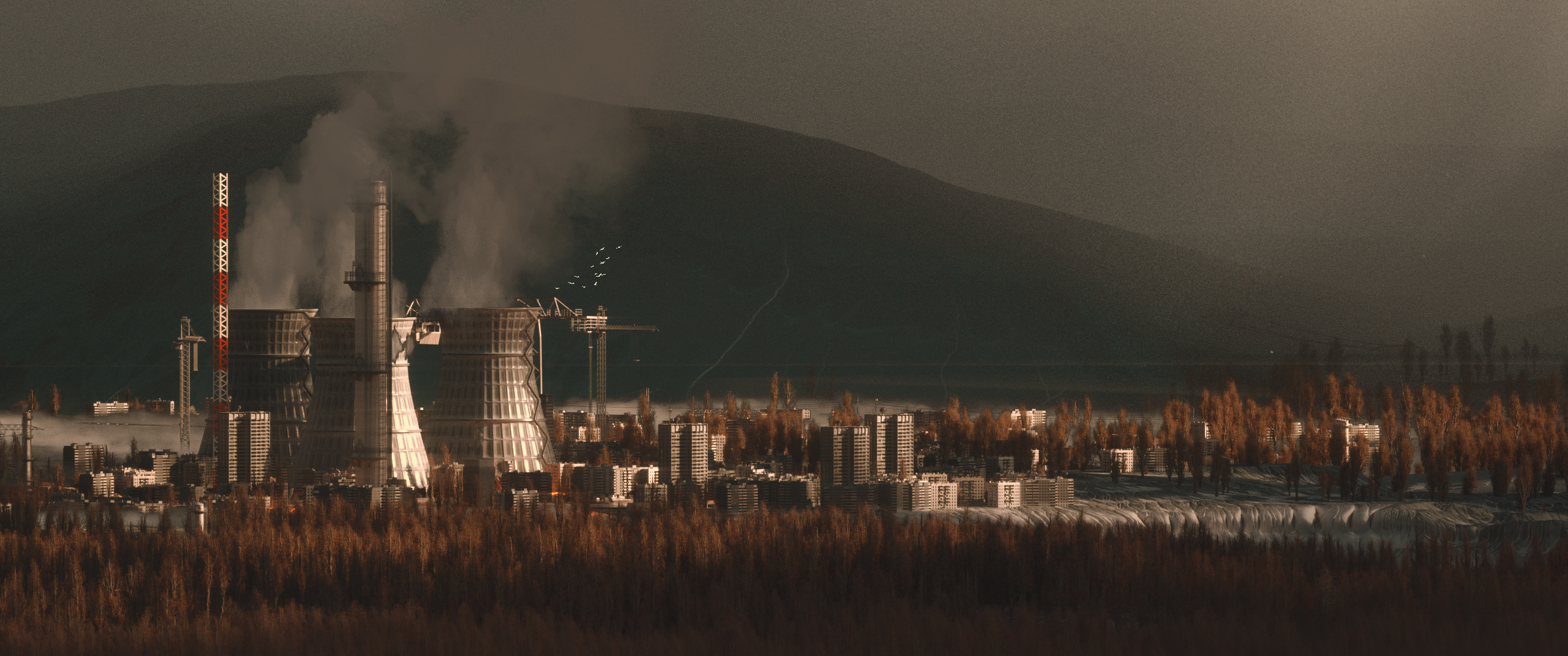 Factory Smoke City Landscape Landscape Digital Concept Art Cinema4D Cinema4D OctaneRender OctaneRend 2397x1003