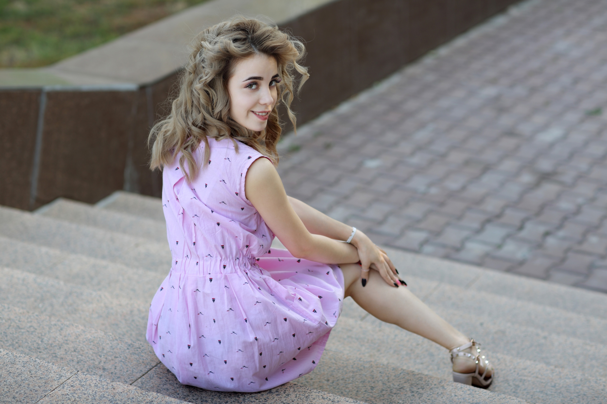 Murat Kuzhakhmetov Stairs Smiling Women Model Painted Nails Blonde Pink Dress Looking Back Long Eyel 2560x1707