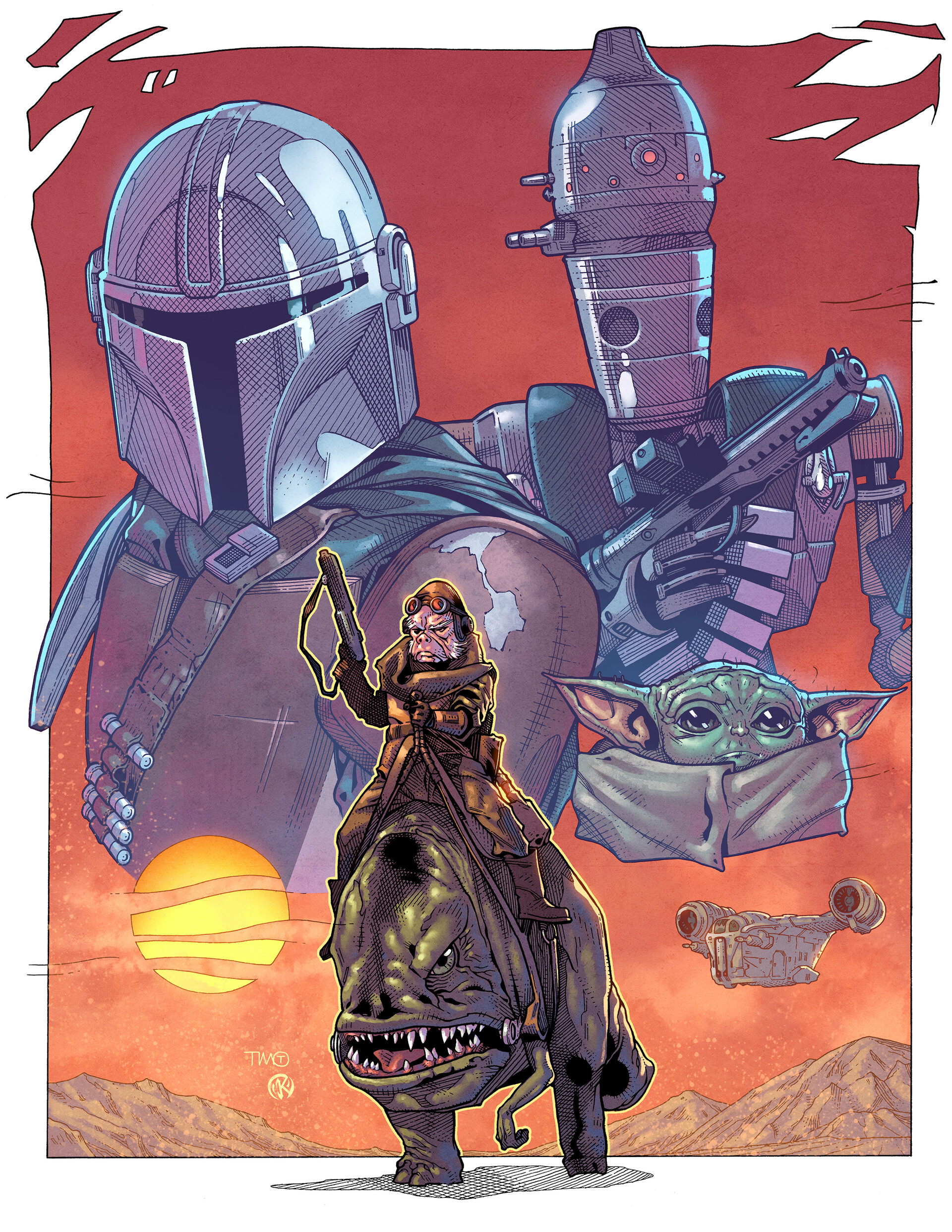 Maksim Strelkov Comic Art The Mandalorian The Mandalorian Character Baby Yoda Star Wars Men Robot Bl 1920x2483