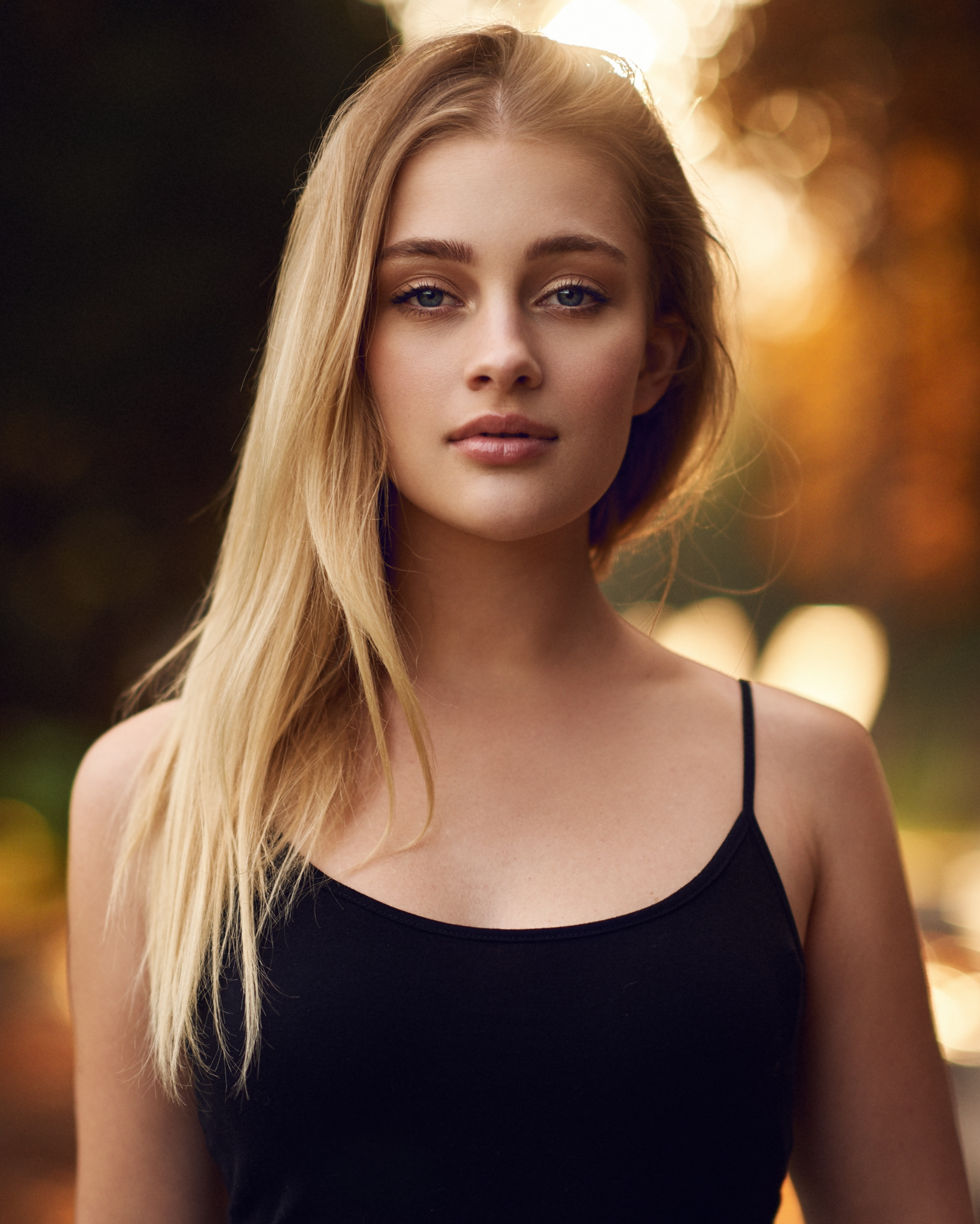 Bulinko Piotr Blonde Bare Shoulders Tank Top Black Tops Black Top Looking At Viewer Bokeh Women Mode 1639x2048